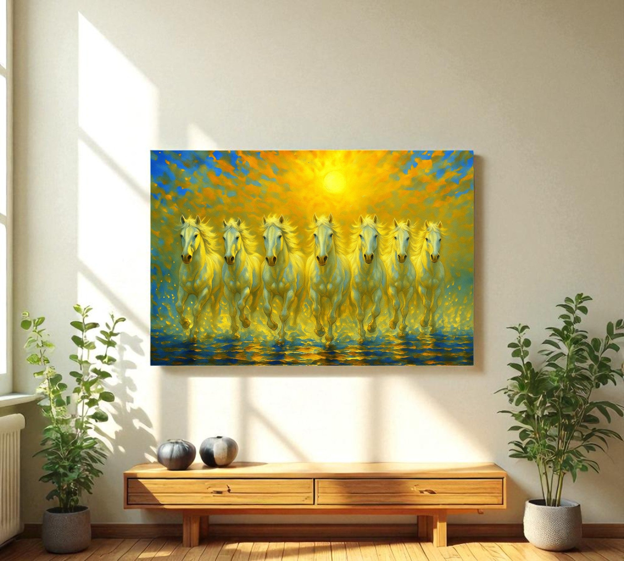 7 Divine White Running Horses | Vastu Wall Art for Prosperity, Clarity and New Beginnings (Gallery-Wrapped Canvas with Wooden Back Support)