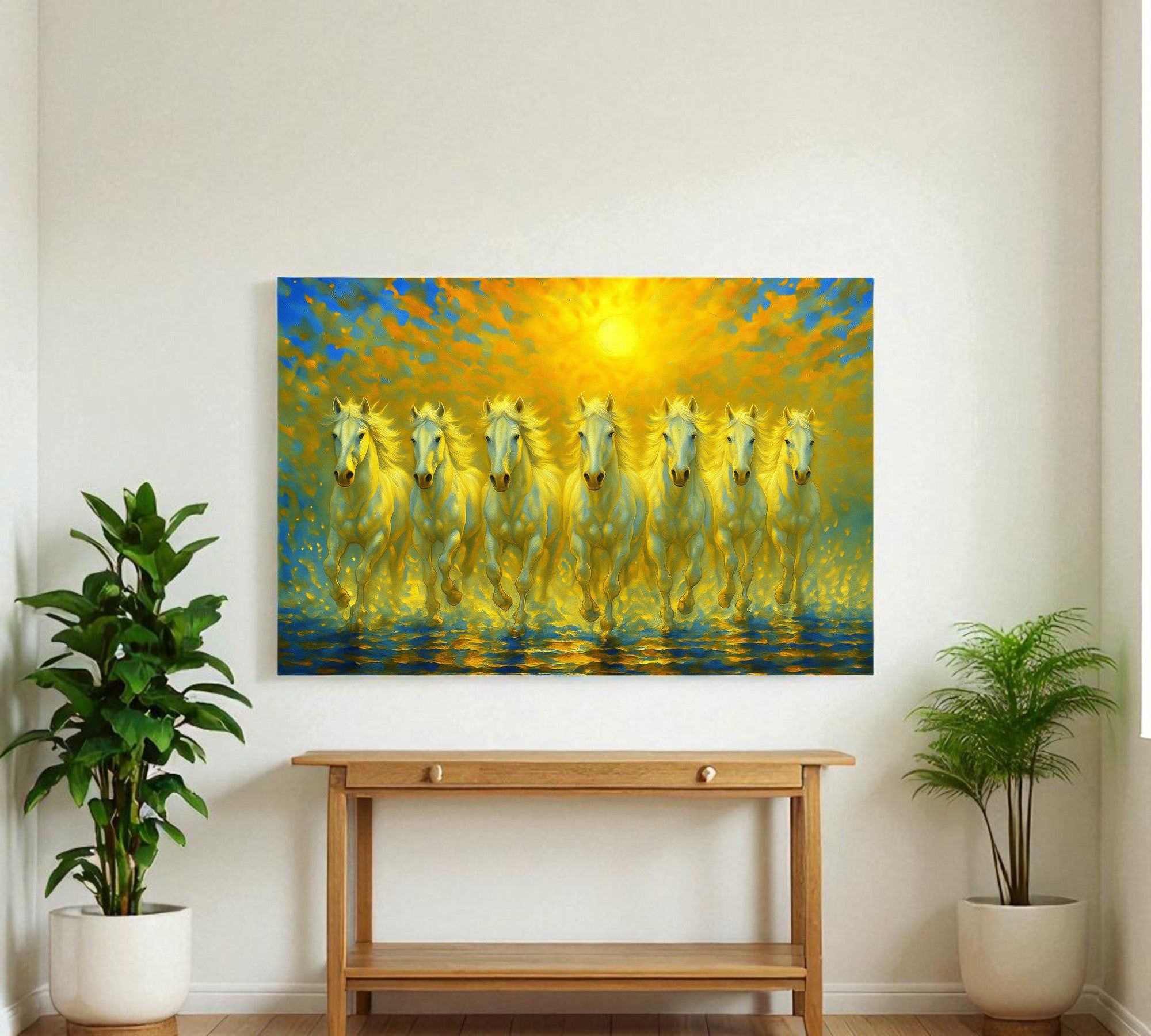 7 Divine White Running Horses | Vastu Wall Art for Prosperity, Clarity and New Beginnings (Gallery-Wrapped Canvas with Wooden Back Support)