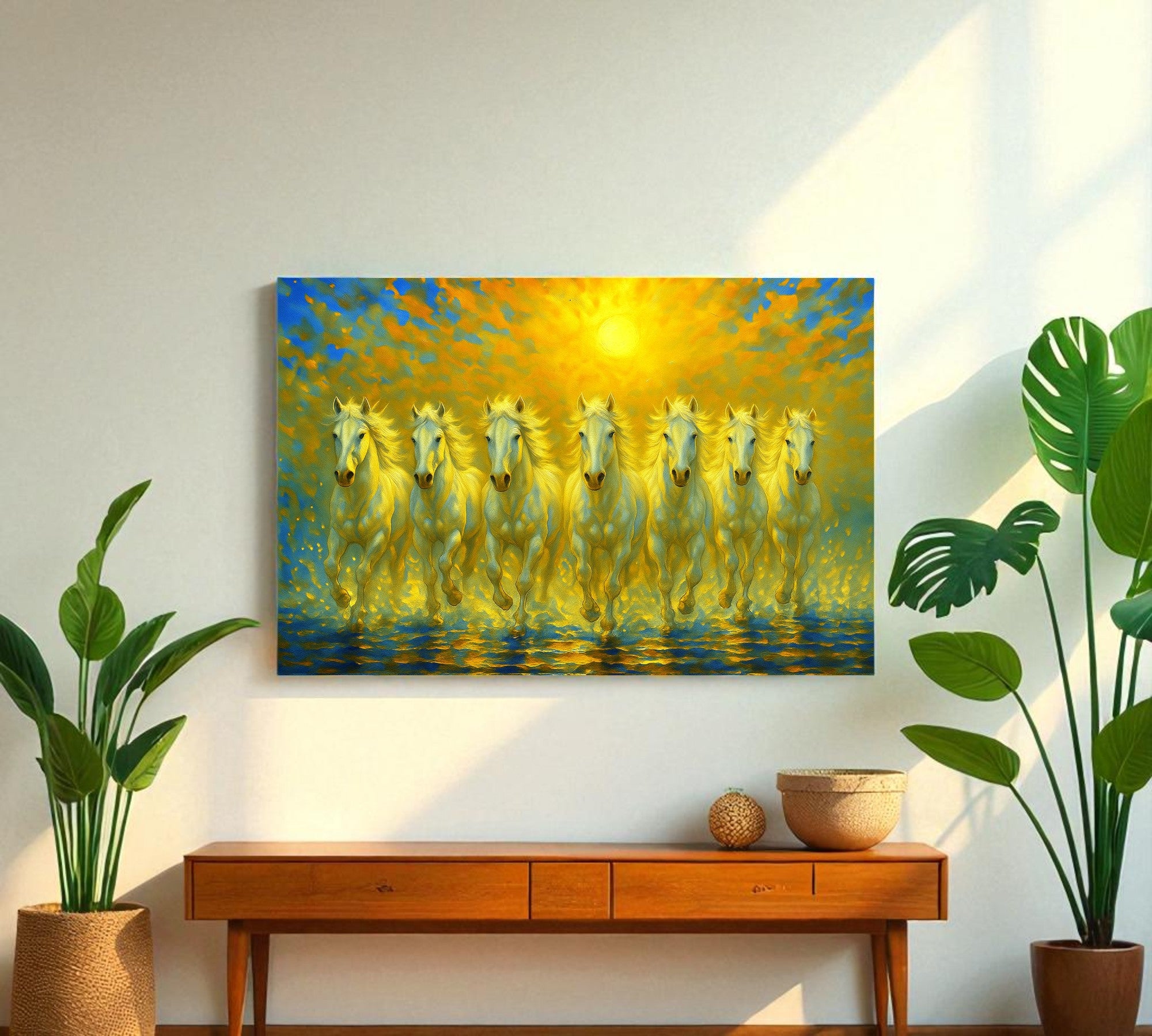 7 Divine White Running Horses | Vastu Wall Art for Prosperity, Clarity and New Beginnings (Gallery-Wrapped Canvas with Wooden Back Support)