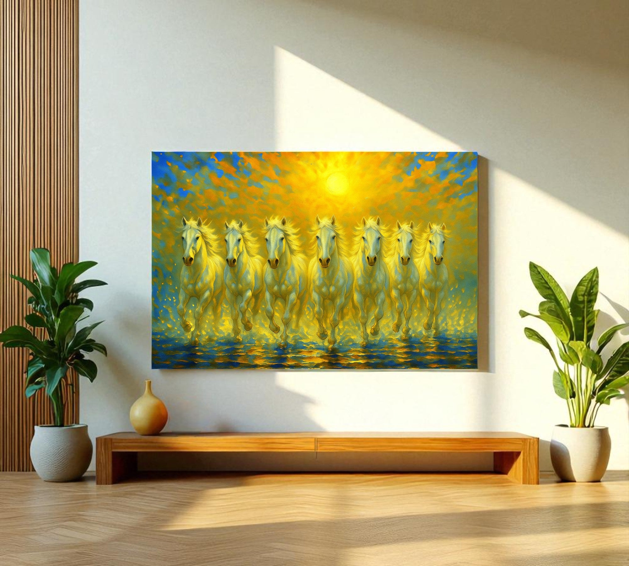 7 Divine White Running Horses | Vastu Wall Art for Prosperity, Clarity and New Beginnings (Gallery-Wrapped Canvas with Wooden Back Support)