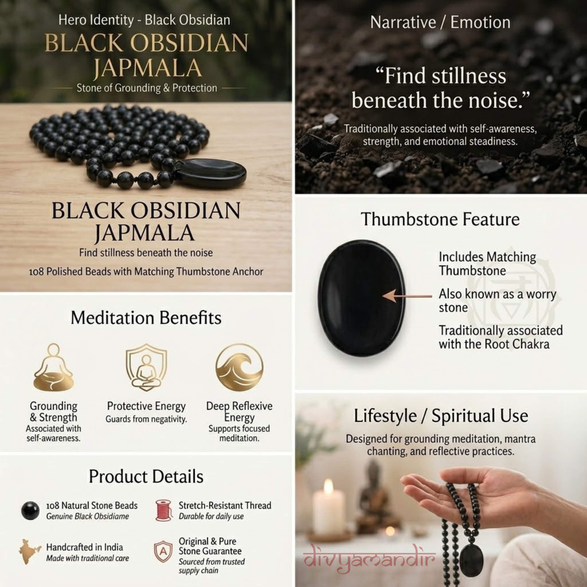 Black Obsidian 108 Beads + 1 Thumbstone Japmala
