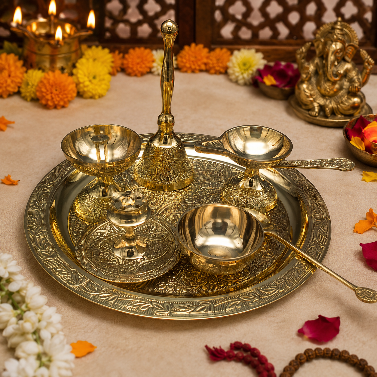 Handcrafted Brass Pooja Thali Gift Set (8 Inch)