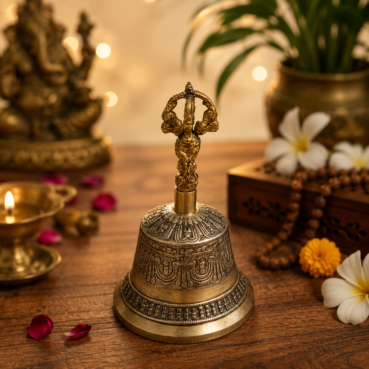 Bronze Tibetan Vajra Bell, 15cm | Hand-Engraved Ritual Bell with Deity Handle