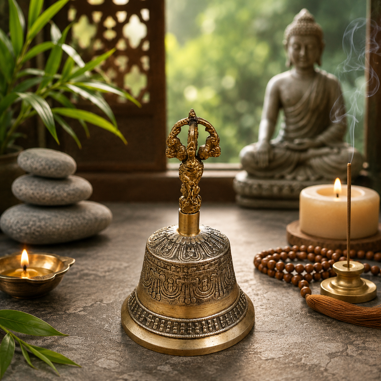 Bronze Tibetan Vajra Bell, 15cm | Hand-Engraved Ritual Bell with Deity Handle