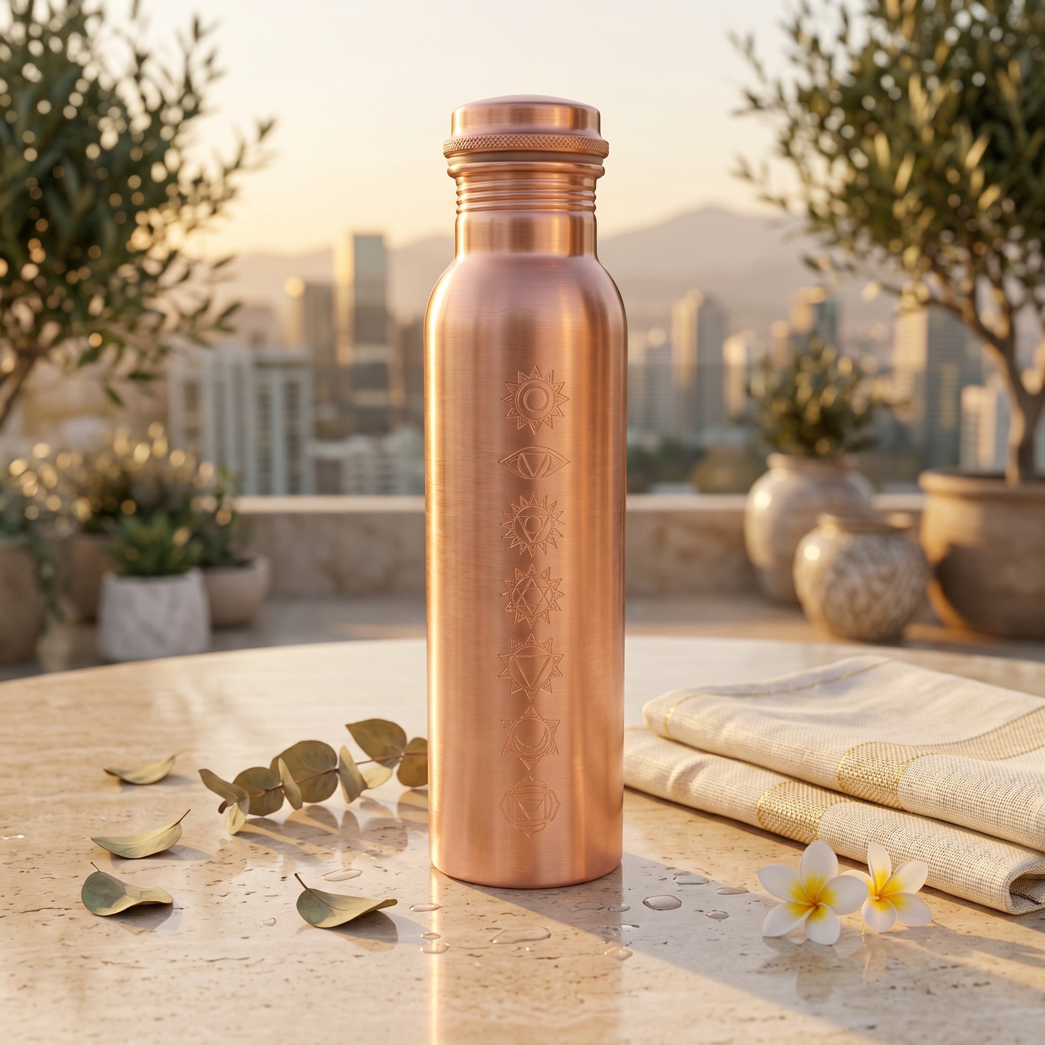 Copper Water Bottle, 1L | 7 Chakra Engraved | 26cm Height