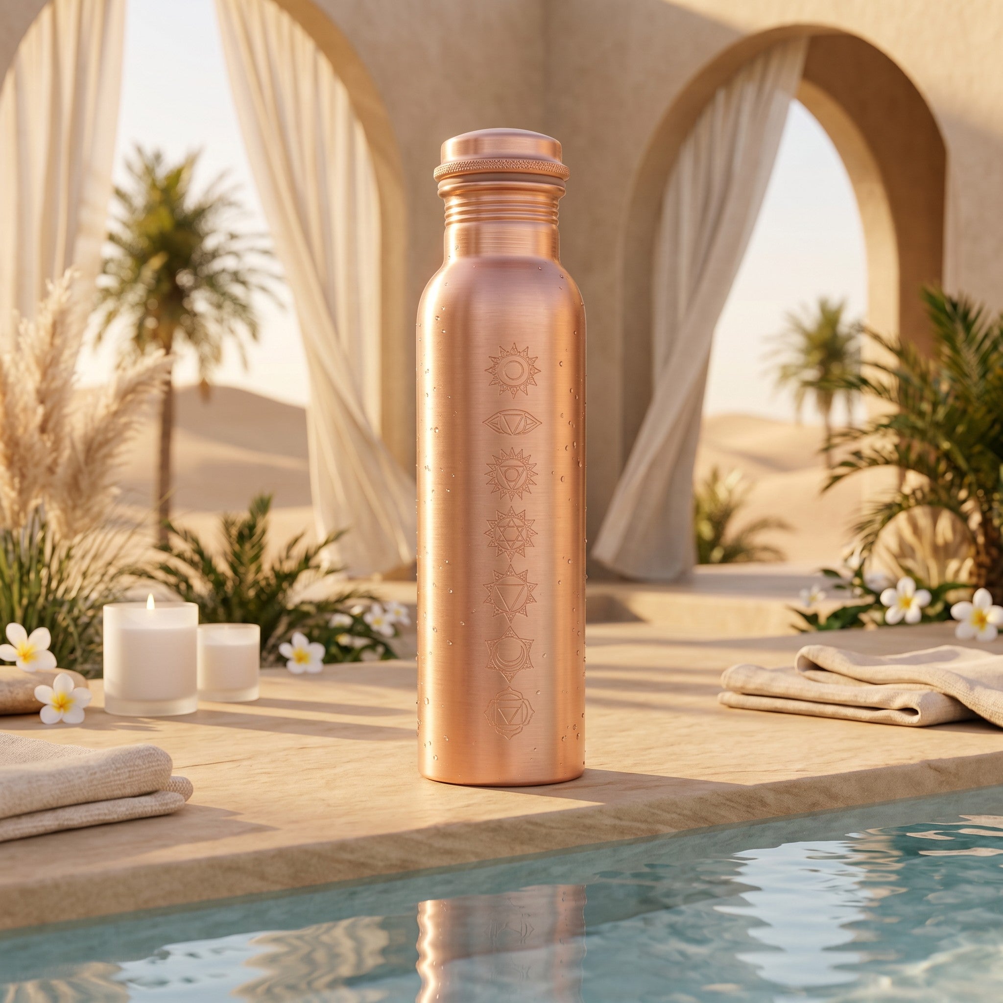 Copper Water Bottle, 1L | 7 Chakra Engraved | 26cm Height