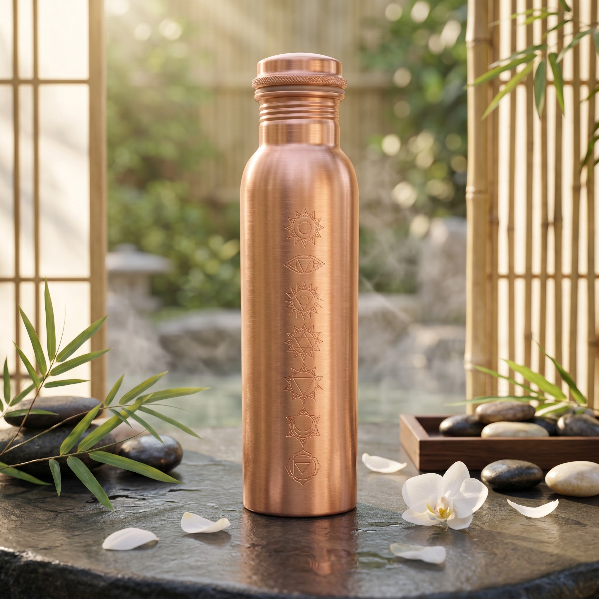Copper Water Bottle, 1L | 7 Chakra Engraved | 26cm Height