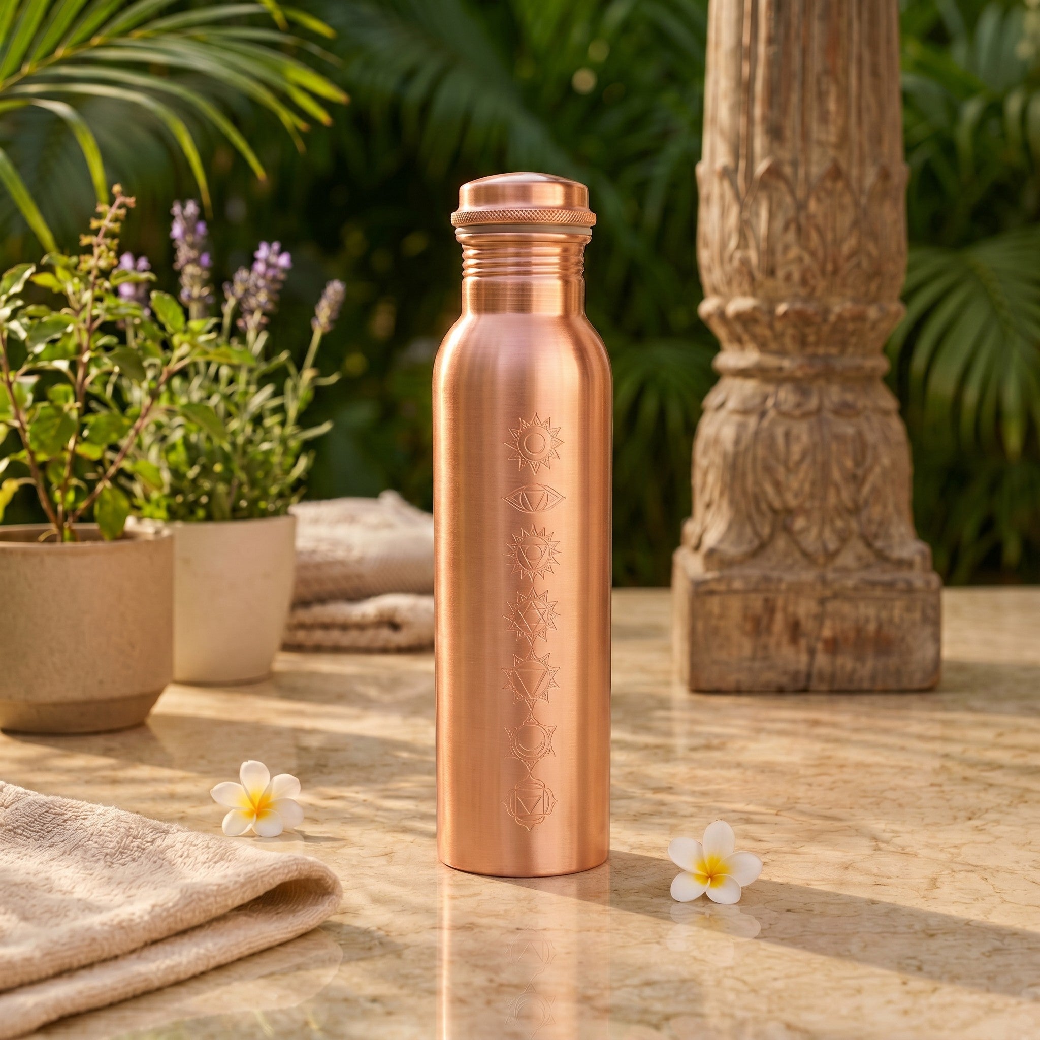 Copper Water Bottle, 1L | 7 Chakra Engraved | 26cm Height