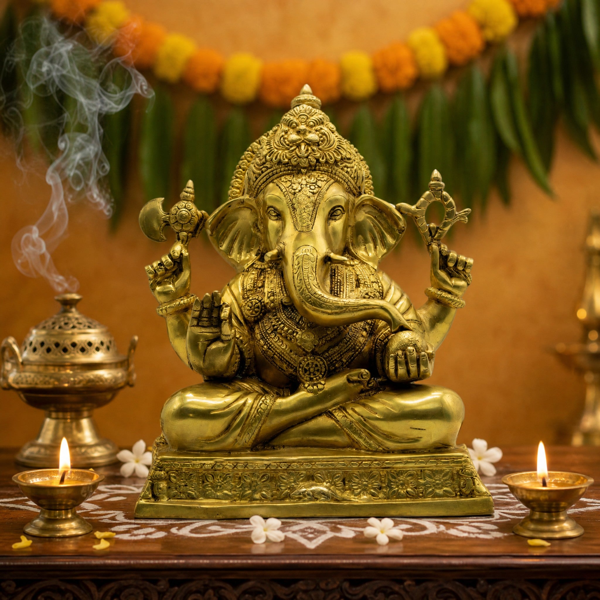 Divine Lord Ganesha Idol – Fine Brass Craftsmanship for Your Puja Room & Auspicious Beginnings