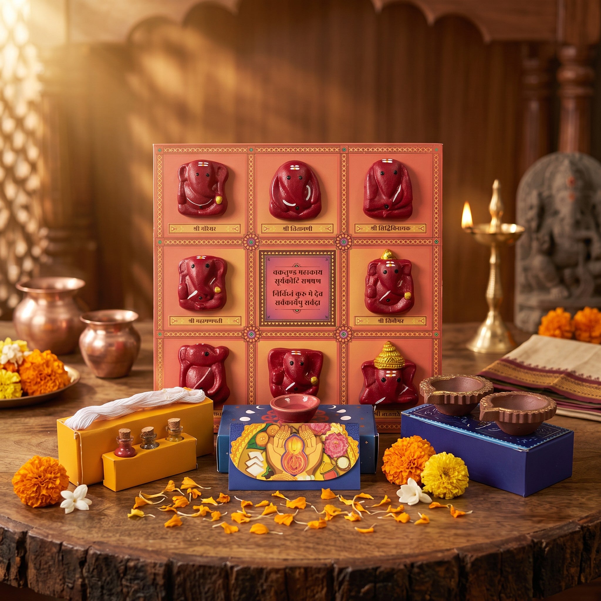 Premium Ashtavinayak Ganesh Pooja Gift Set (8 Terracotta Idols with Pooja Samagri)