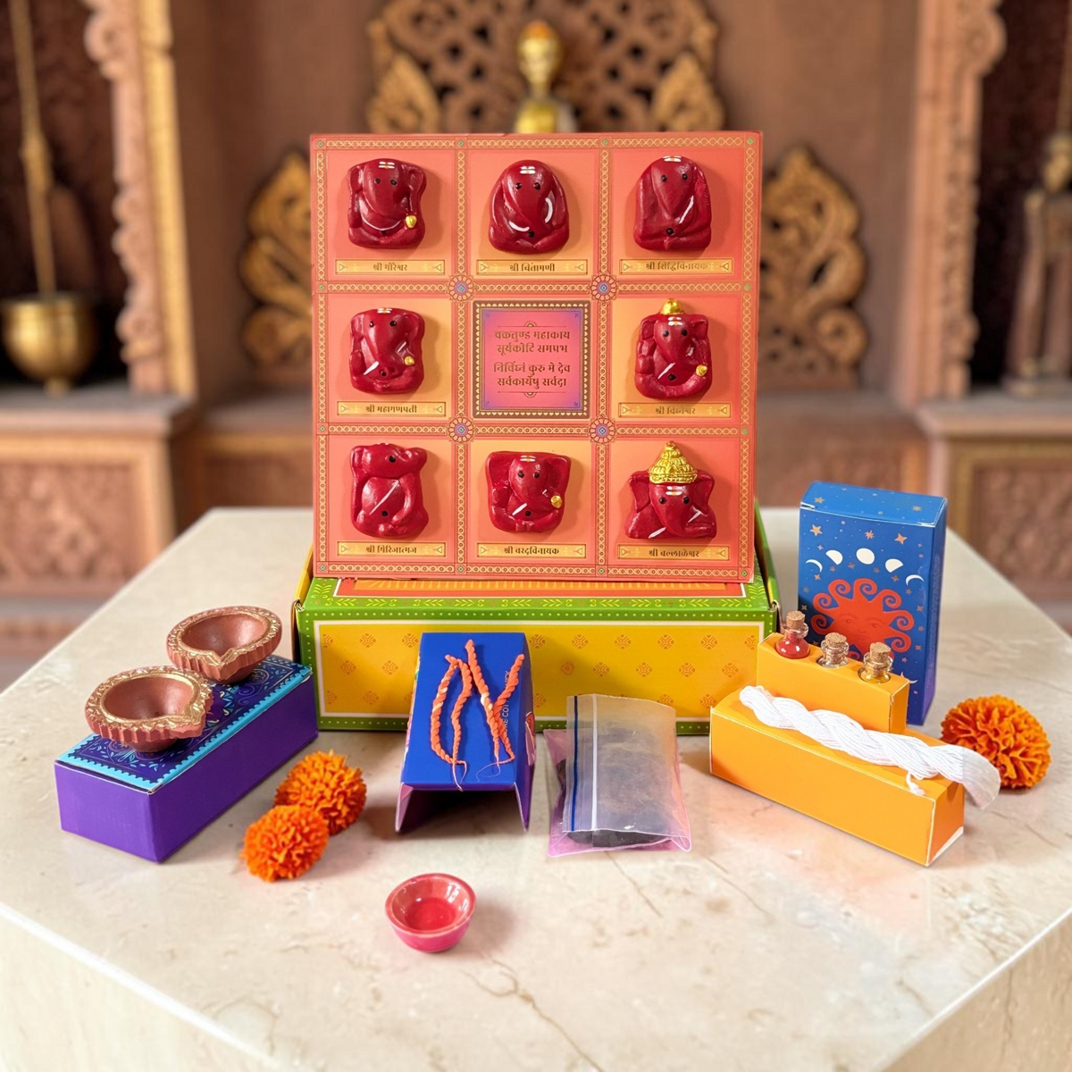 Premium Ashtavinayak Ganesh Pooja Gift Set (8 Terracotta Idols with Pooja Samagri)