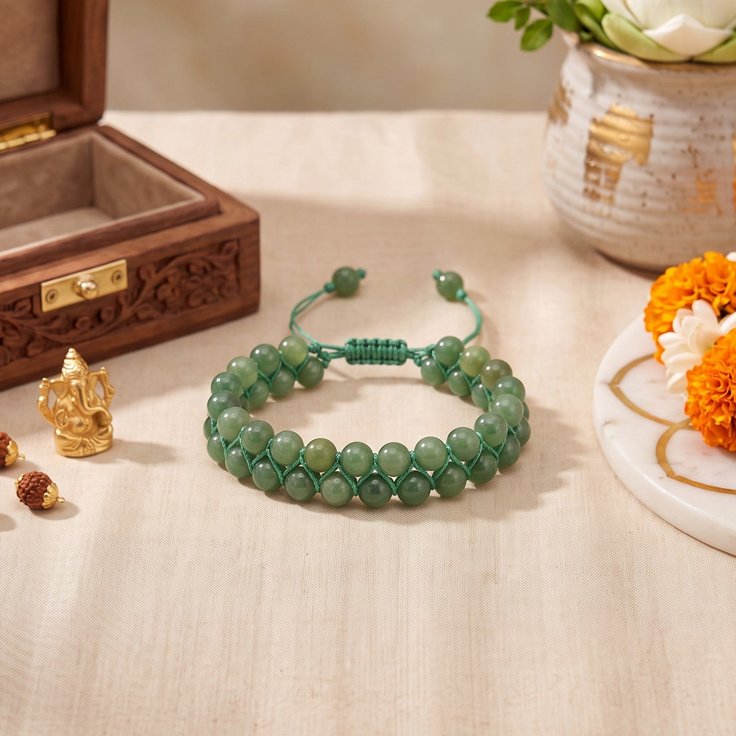 Green Aventurine Gemstone Rakhi Macramé Bracelet (Free Size)
