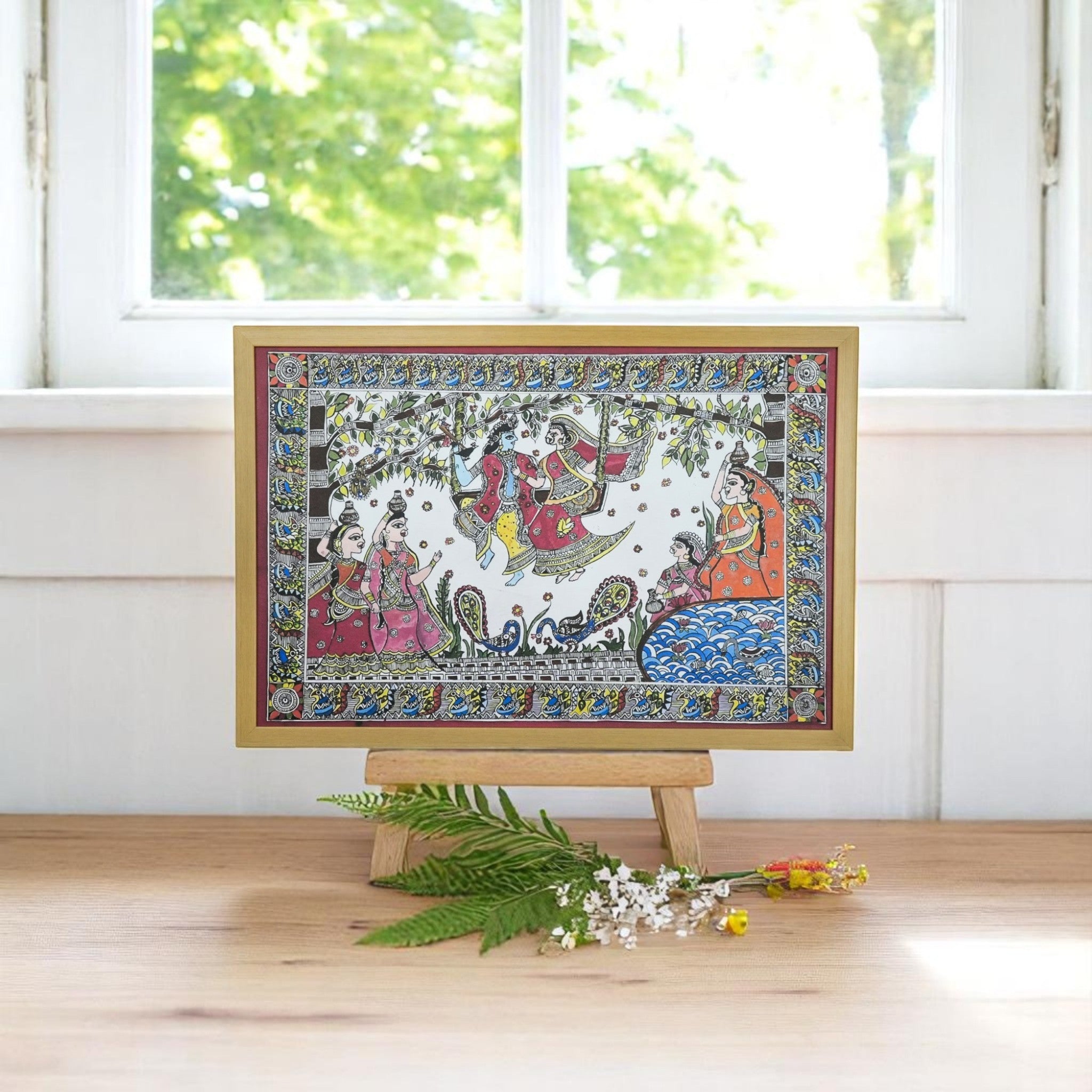 Radha Krishna Jhulan Leela Madhubani Wall Art – A Celebration of Divine Love