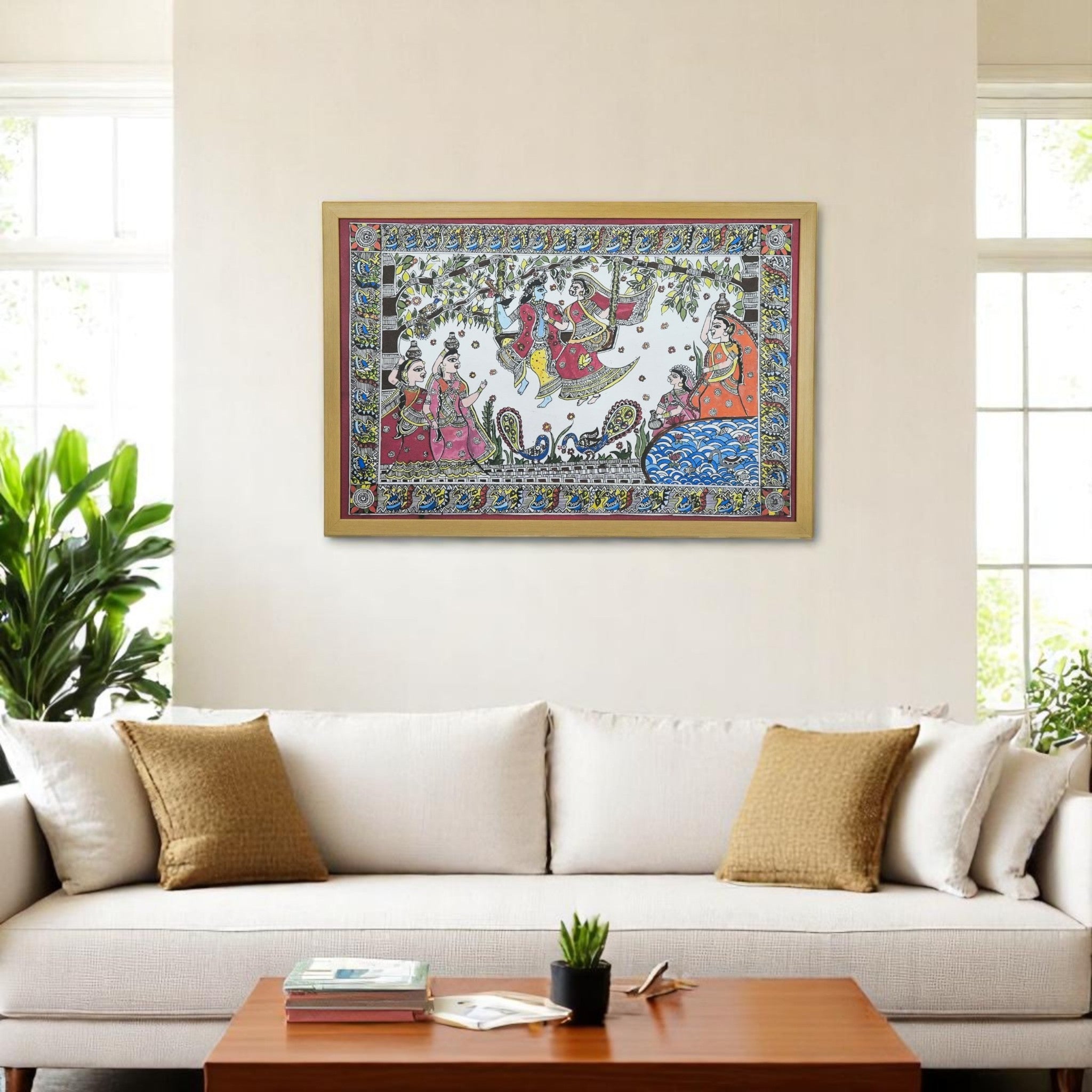 Radha Krishna Jhulan Leela Madhubani Wall Art – A Celebration of Divine Love