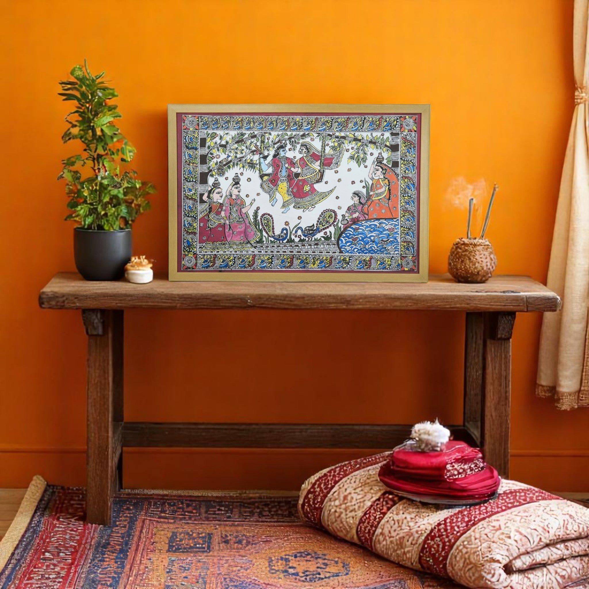 Radha Krishna Jhulan Leela Madhubani Wall Art – A Celebration of Divine Love