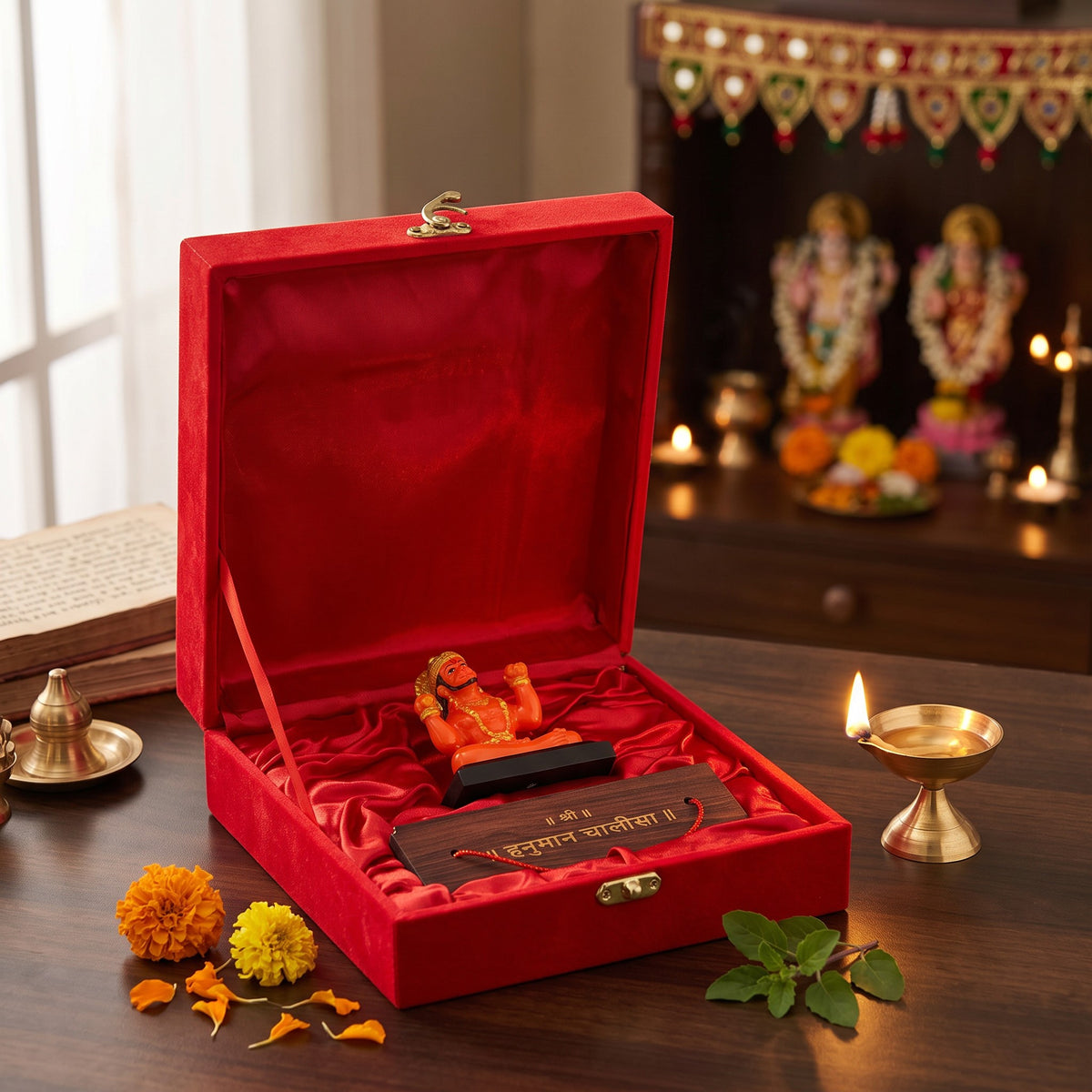 Hanuman Ji Murti with Hanuman Chalisa Pothi, Red Velvet Keepsake Box