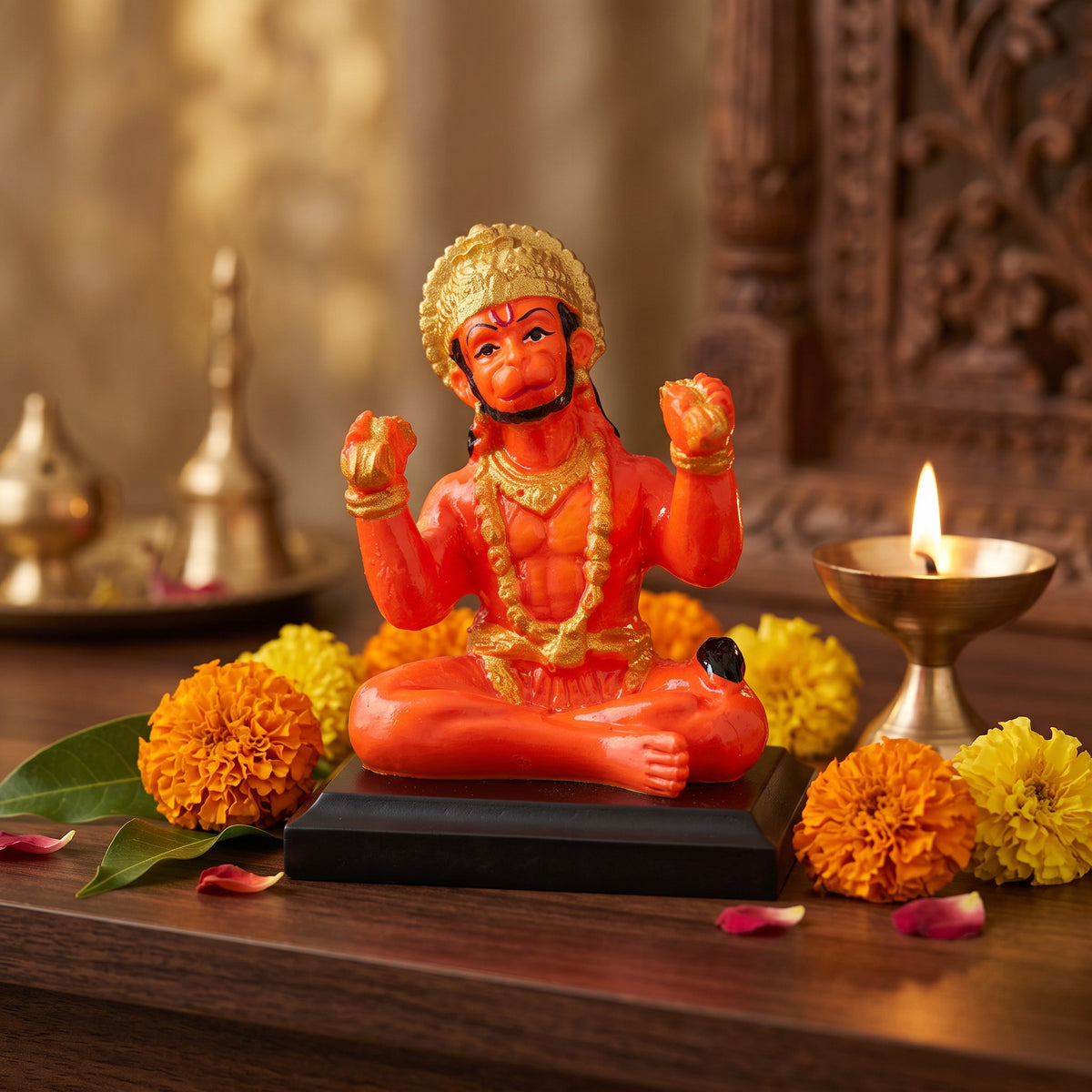 Hanuman Ji Murti with Hanuman Chalisa Pothi, Red Velvet Keepsake Box