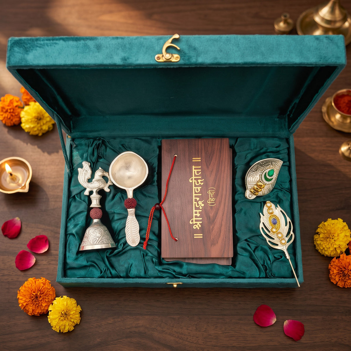 Bhagwat Geeta Pothi with Krishna Puja Accessories, Teal Velvet Keepsake Box (5 in 1)