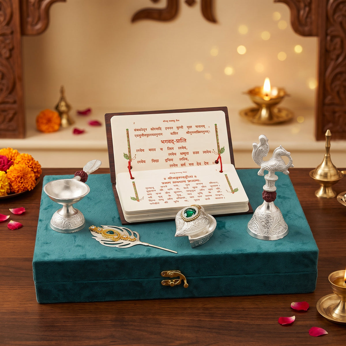 Bhagwat Geeta Pothi with Krishna Puja Accessories, Teal Velvet Keepsake Box (5 in 1)