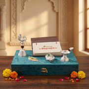 Bhagwat Geeta Pothi with Krishna Puja Accessories, Teal Velvet Keepsake Box (5 in 1)