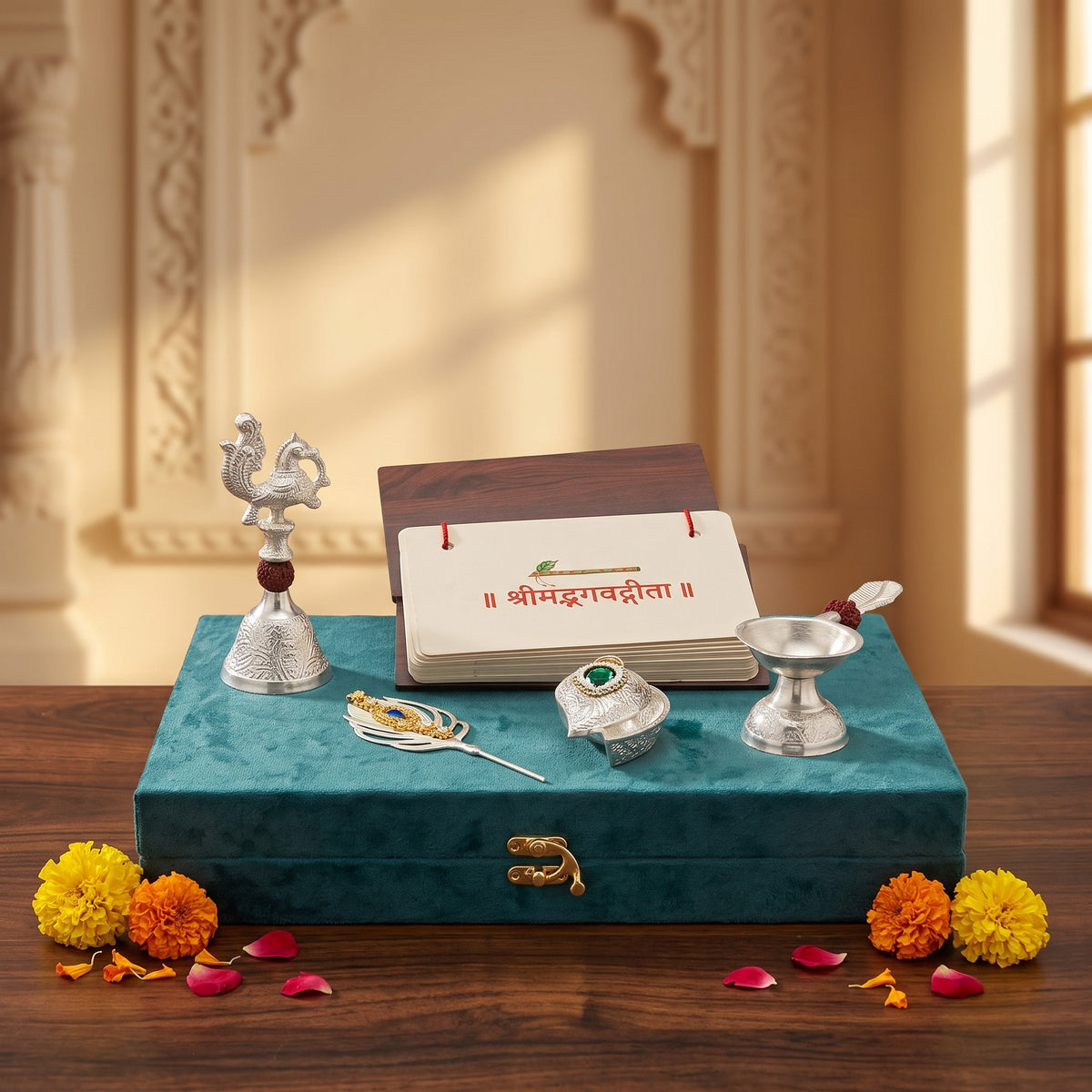 Bhagwat Geeta Pothi with Krishna Puja Accessories, Teal Velvet Keepsake Box (5 in 1)