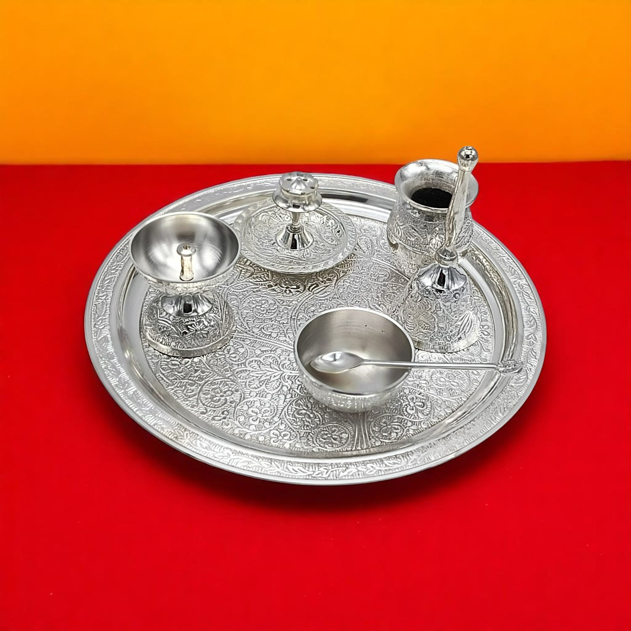 Exquisite Silver-Plated Pooja Thali Set – Traditional Elegance for Your Rituals