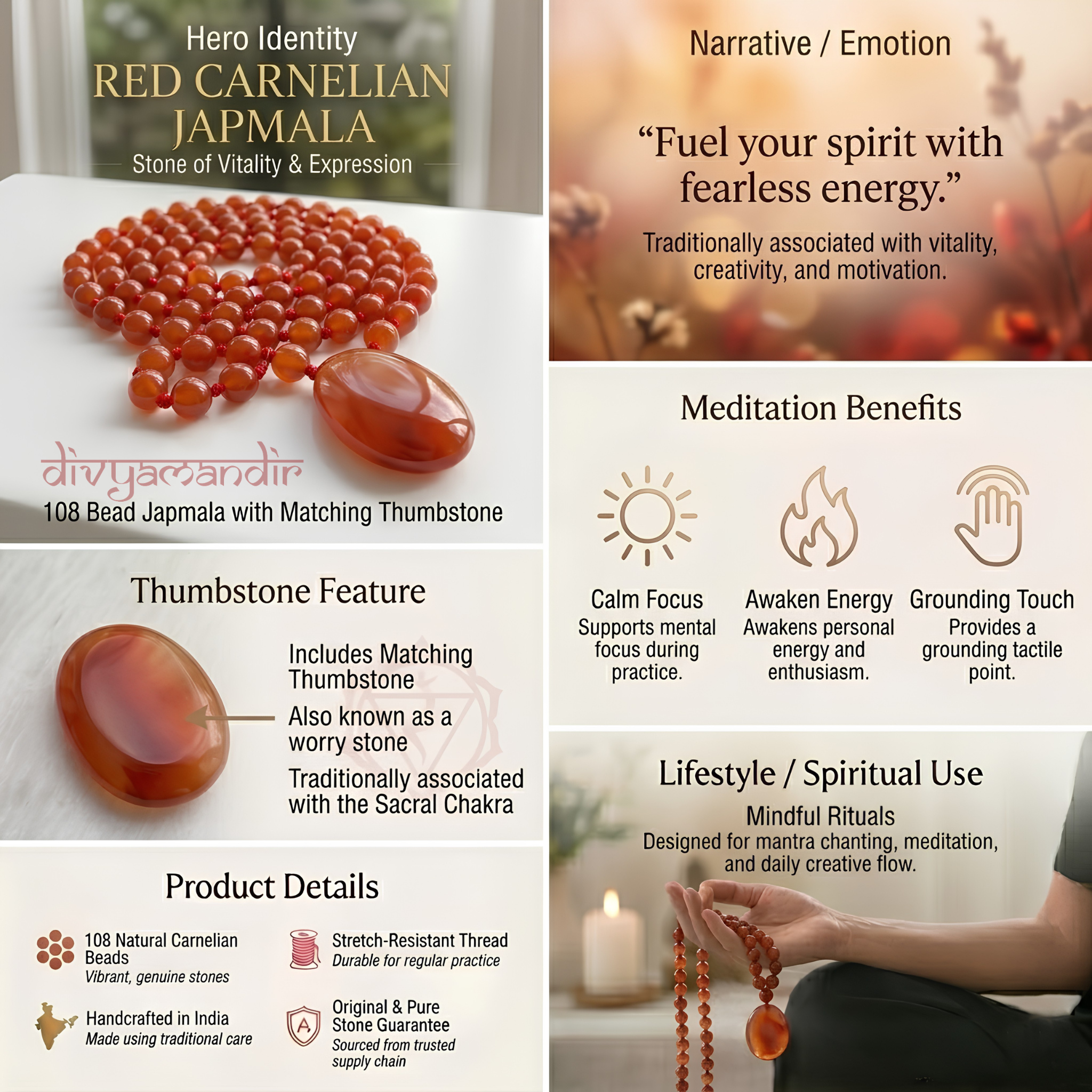 Red Carnelian 108 Beads + 1 Thumbstone Japmala