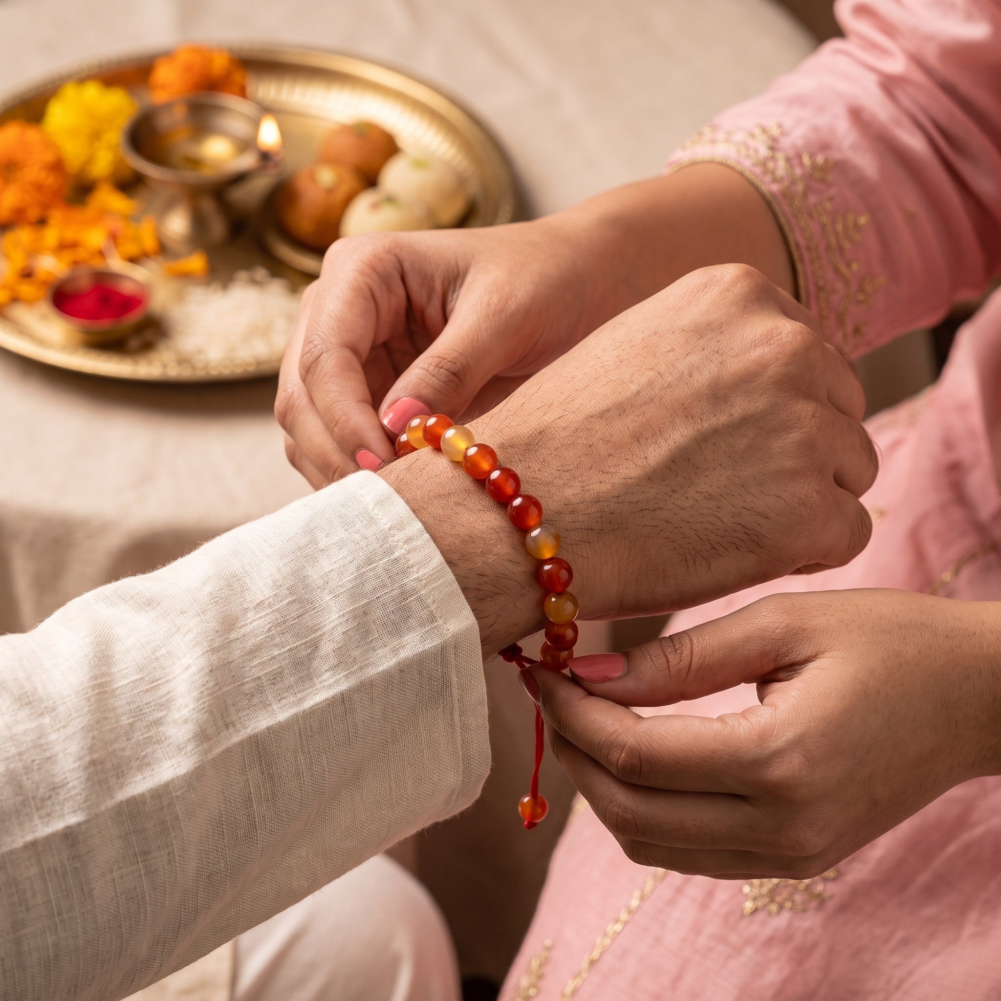 Red Carnelian Gemstone Rakhi Bracelet (Free Size)