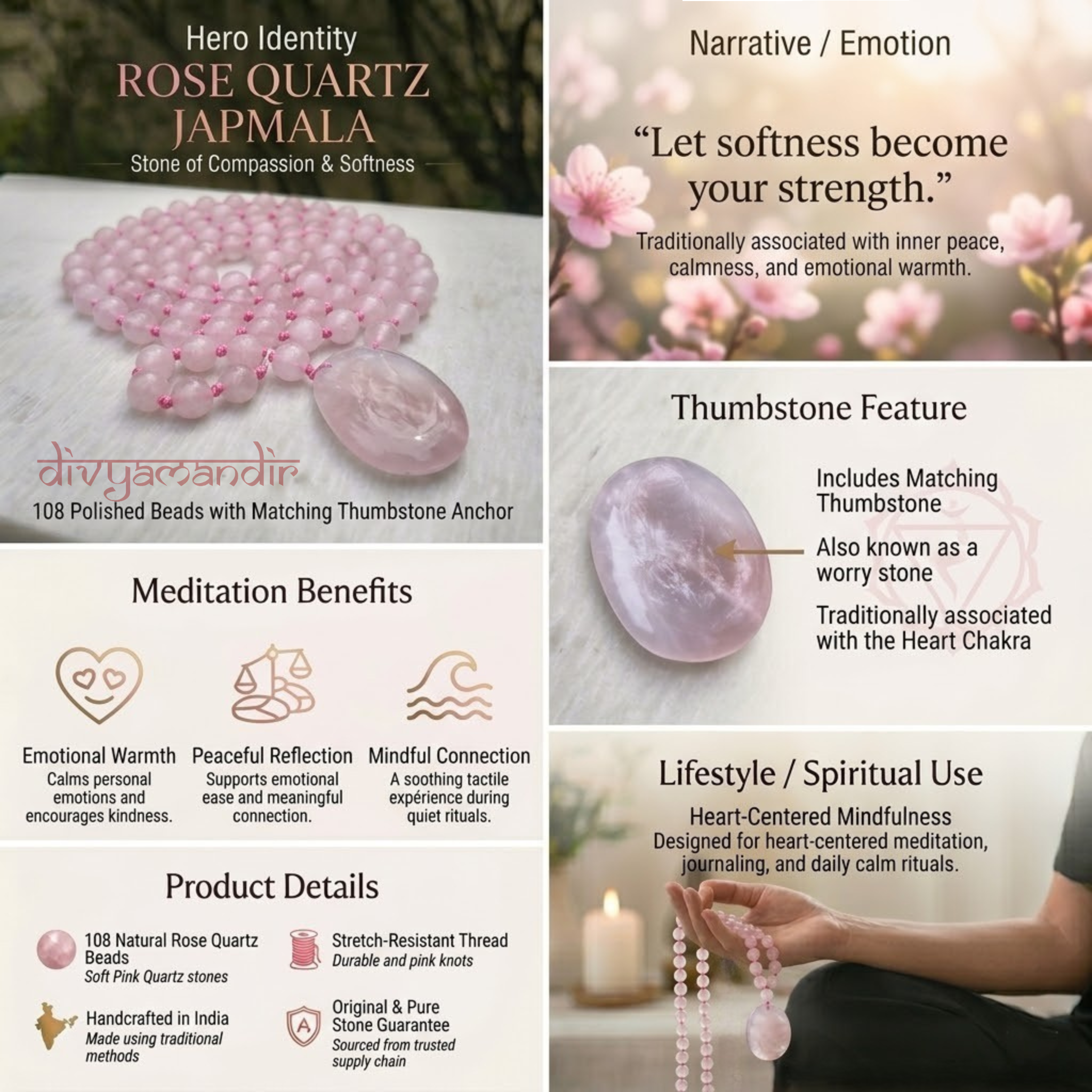 Rose Quartz 108 Beads + 1 Thumbstone Japmala