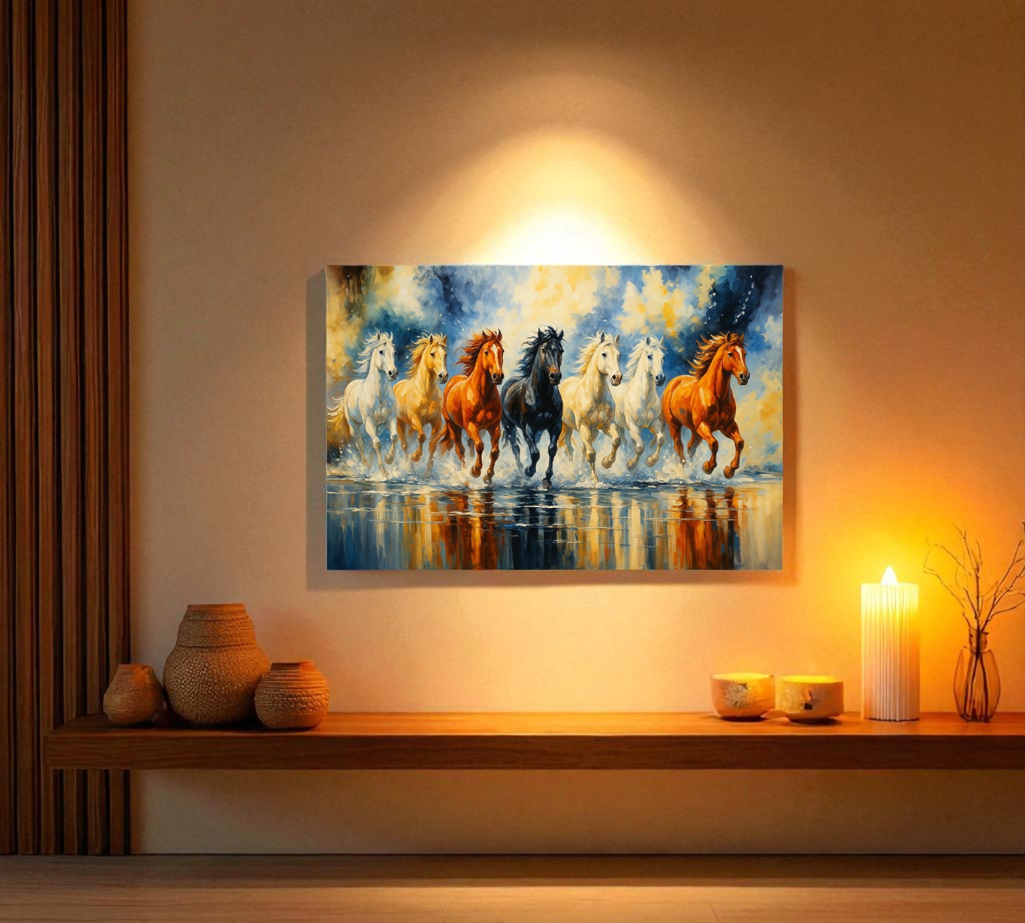 7 Running Horses of Abundance | Vastu Wall Art for Wealth & Momentum (Gallery-Wrapped Canvas with Wooden Back Support)