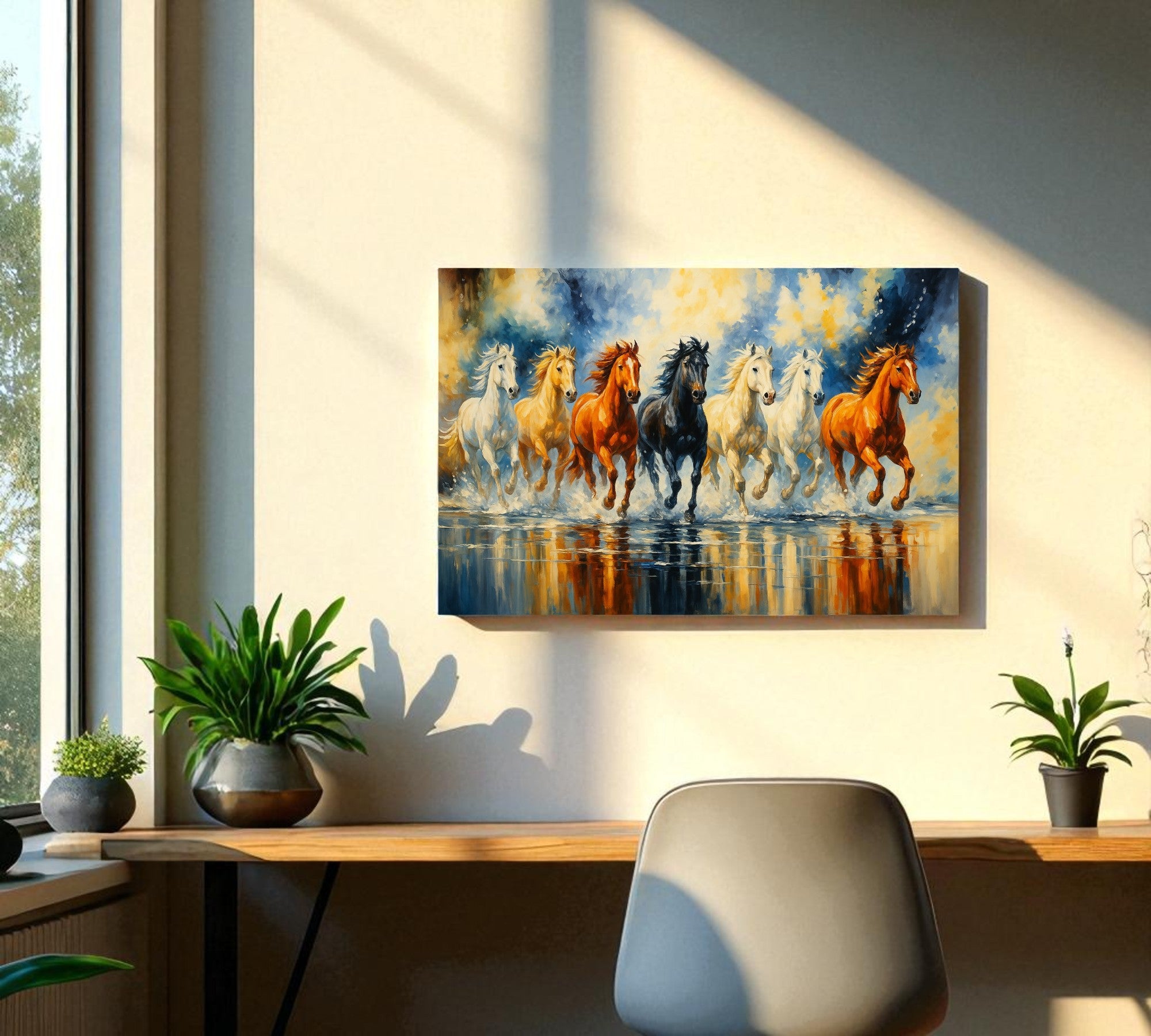 7 Running Horses of Abundance | Vastu Wall Art for Wealth & Momentum (Gallery-Wrapped Canvas with Wooden Back Support)