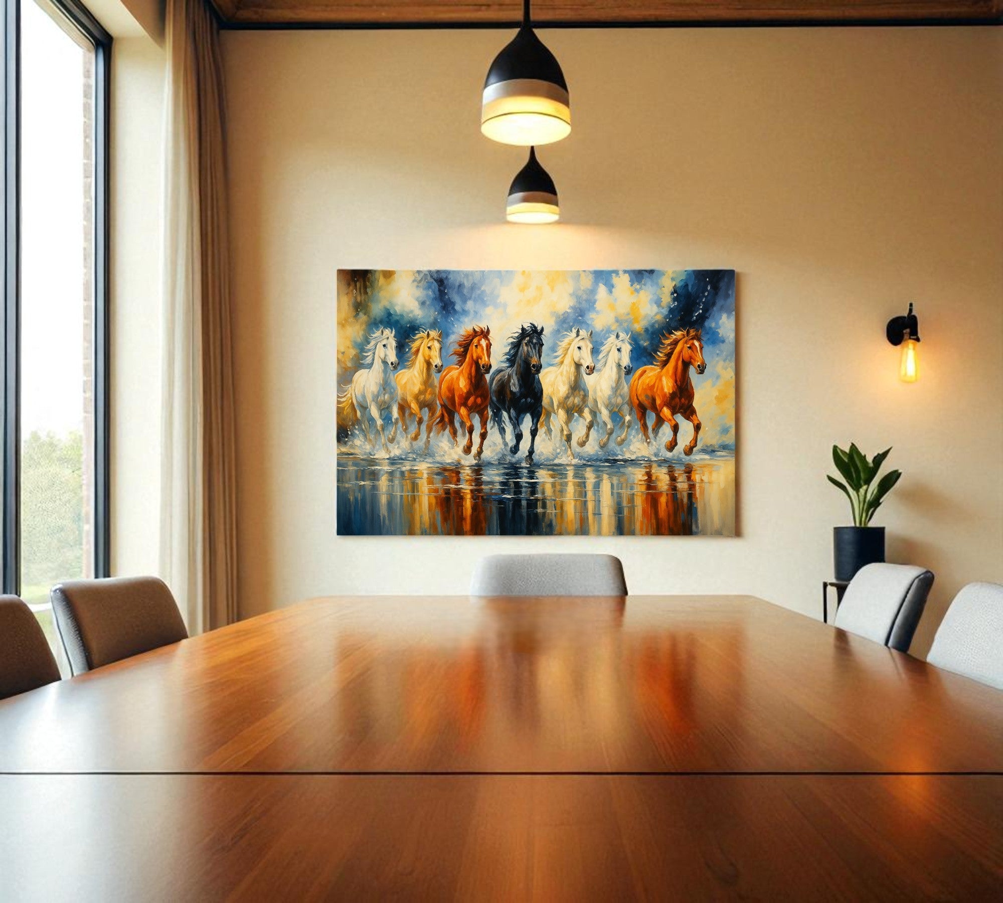 7 Running Horses of Abundance | Vastu Wall Art for Wealth & Momentum (Gallery-Wrapped Canvas with Wooden Back Support)