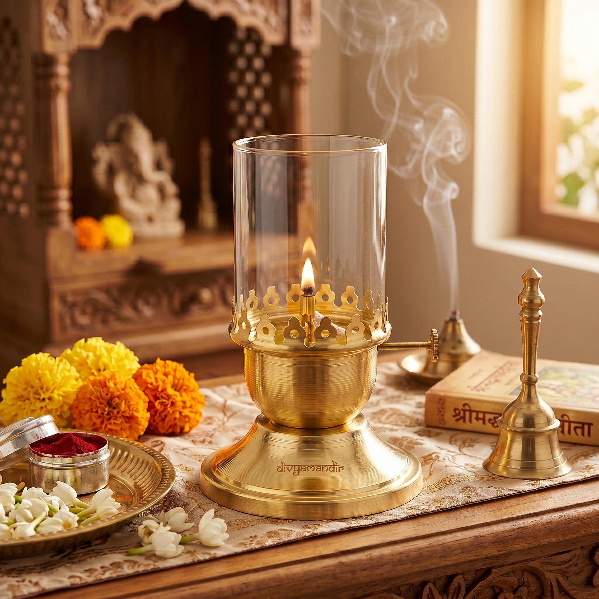 Brass Akhand Diya, 15cm – Floral Crown