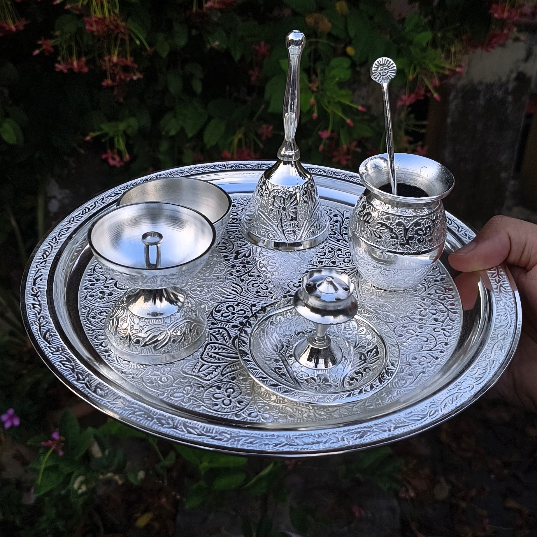 Exquisite Silver-Plated Pooja Thali Set – Traditional Elegance for Your Rituals