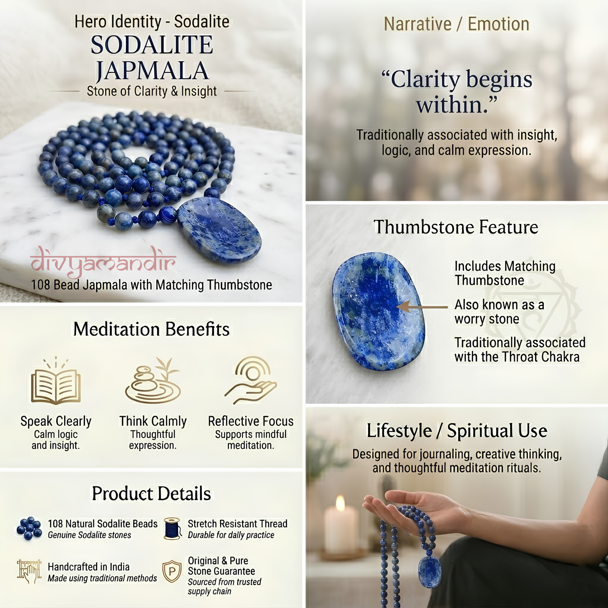 Sodalite 108 Beads + 1 Thumbstone Japmala
