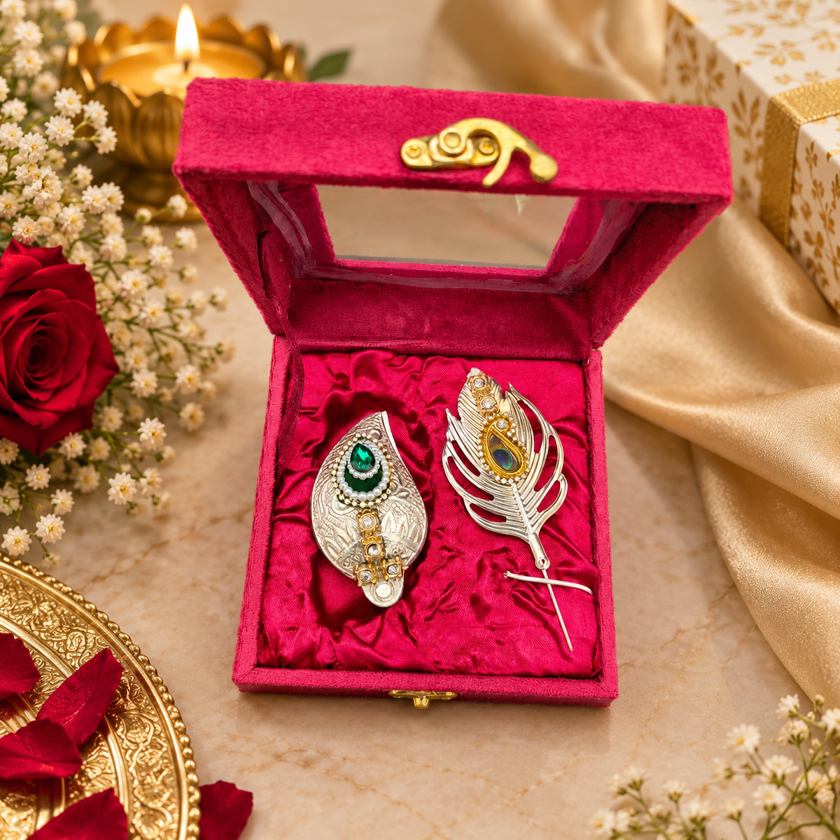 Krishna Tilak Set, Tilak Box and Morpankh in Red Velvet Keepsake Box