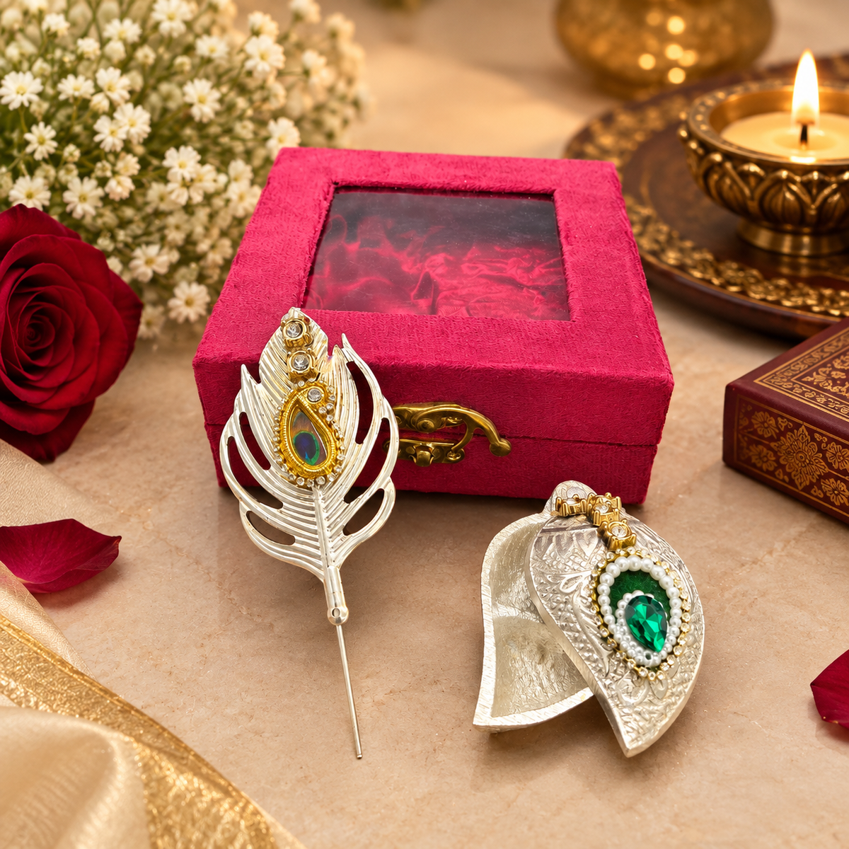 Krishna Tilak Set, Tilak Box and Morpankh in Red Velvet Keepsake Box