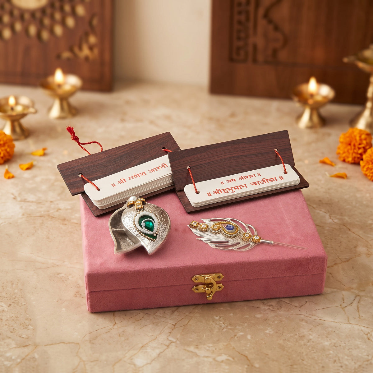 Aarti Sangrah and Hanuman Chalisa Pothi with Tilak Set, Pink Velvet Keepsake Box (4 in 1)