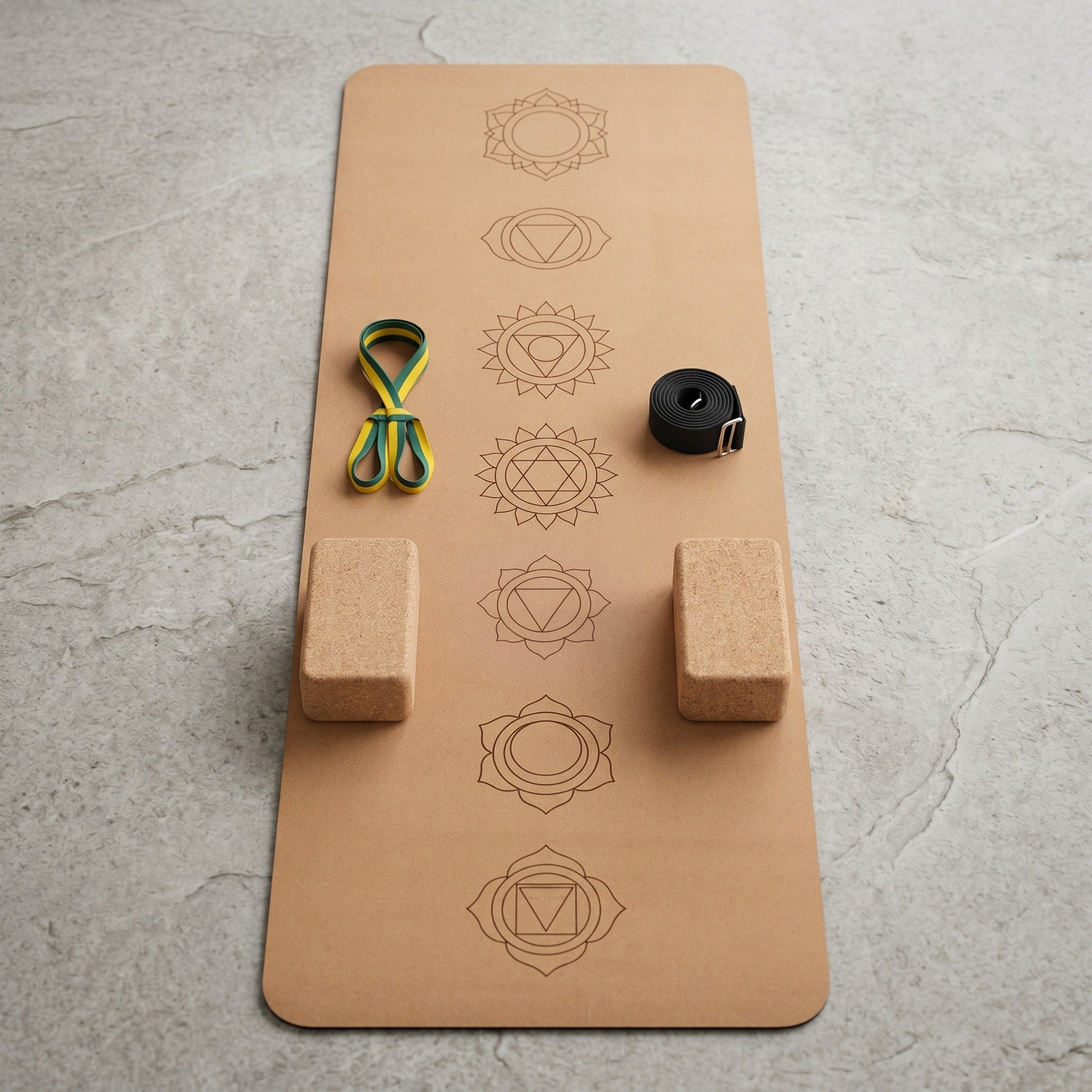 7 Chakra Cork Yoga Set | Mat + 2 Bricks + Belt | Complete Practice Kit