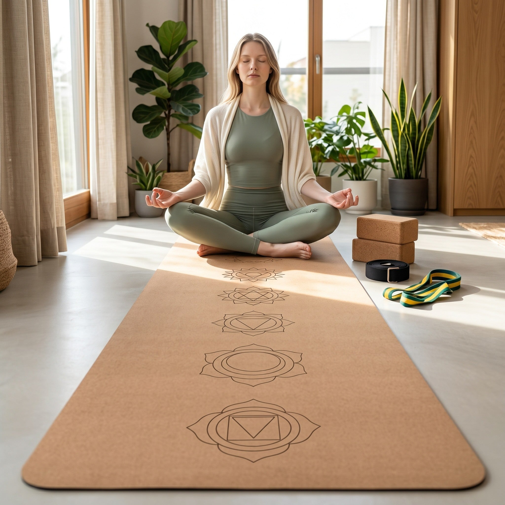7 Chakra Cork Yoga Mat, 72x24 inch | Natural Rubber | Yoga Sling Included