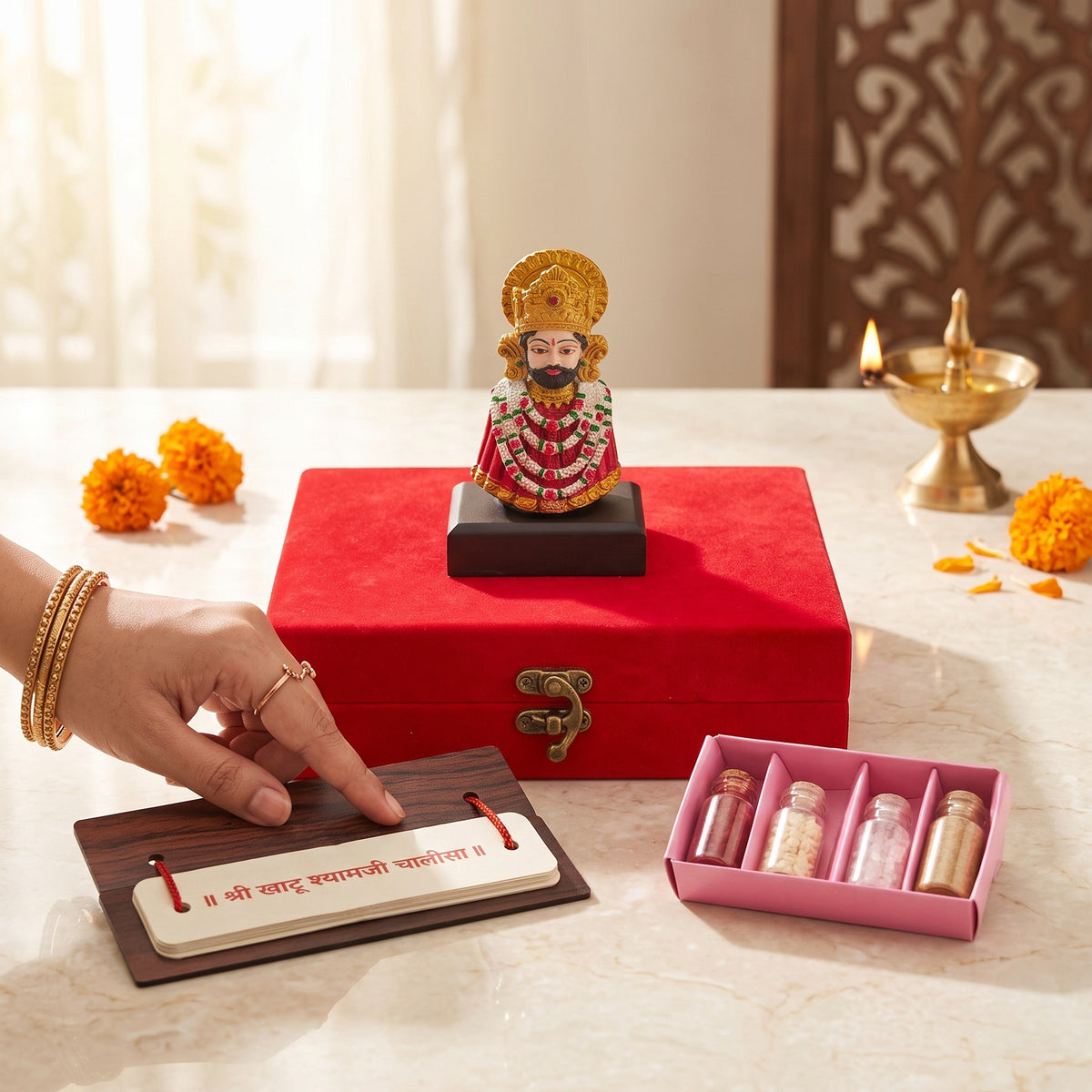 Khatu Shyam Ji Murti with Chalisa Pothi and Puja Samagri, Red Velvet Keepsake Box