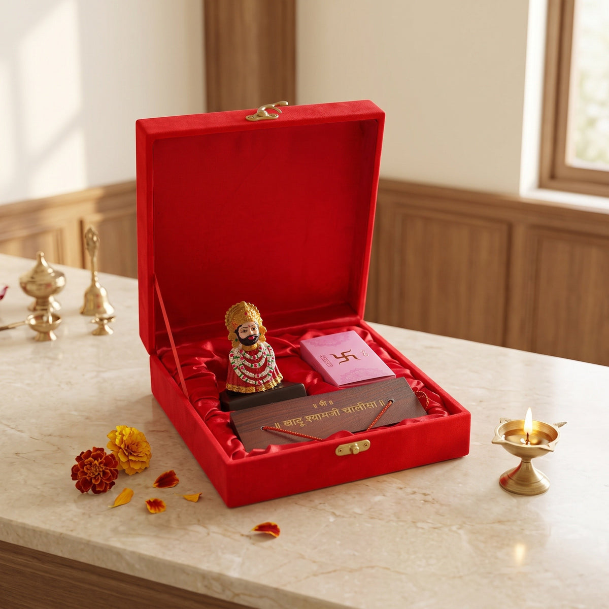 Khatu Shyam Ji Murti with Chalisa Pothi and Puja Samagri, Red Velvet Keepsake Box