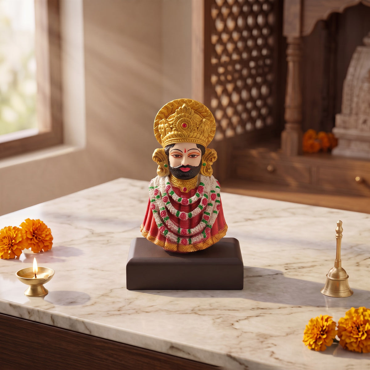 Khatu Shyam Ji Murti with Chalisa Pothi and Puja Samagri, Red Velvet Keepsake Box