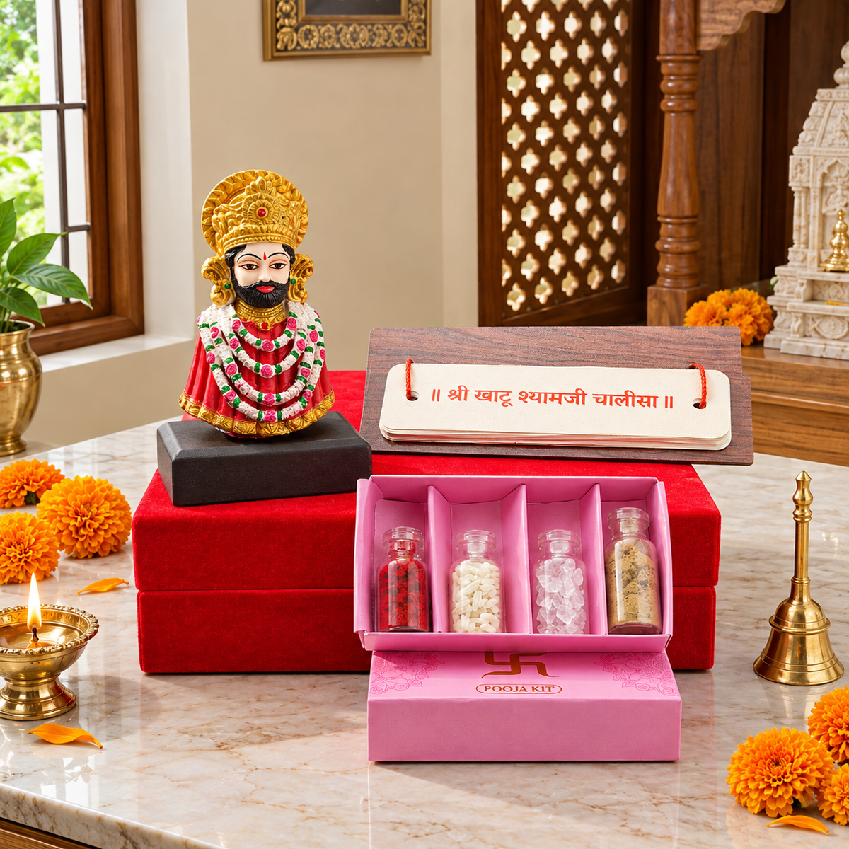 Khatu Shyam Ji Murti with Chalisa Pothi and Puja Samagri, Red Velvet Keepsake Box