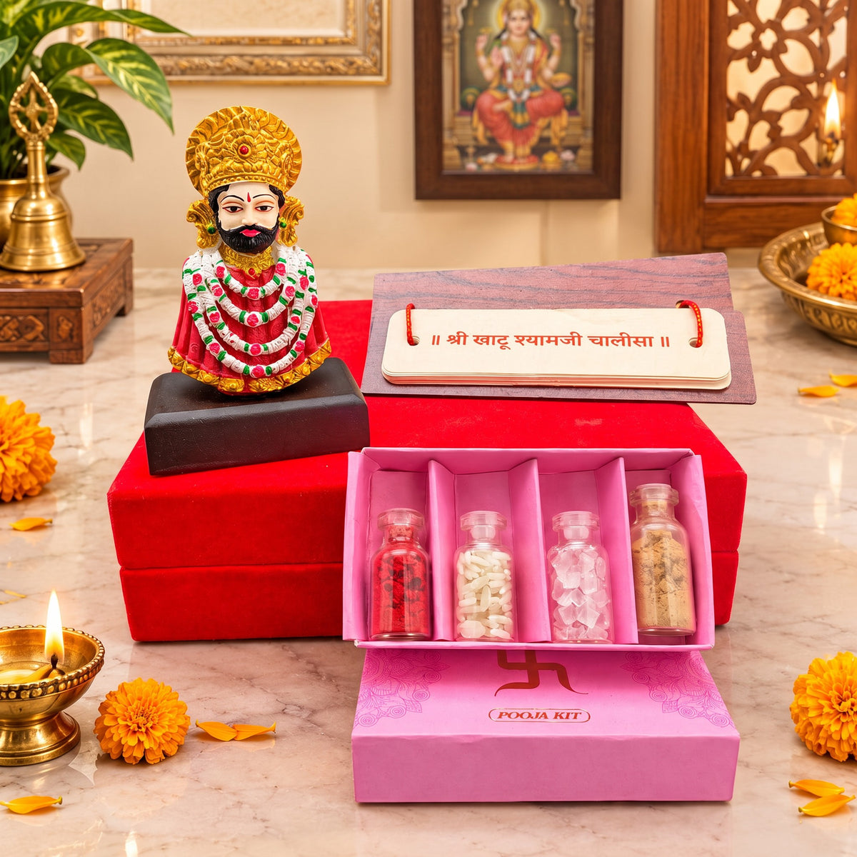 Khatu Shyam Ji Murti with Chalisa Pothi and Puja Samagri, Red Velvet Keepsake Box