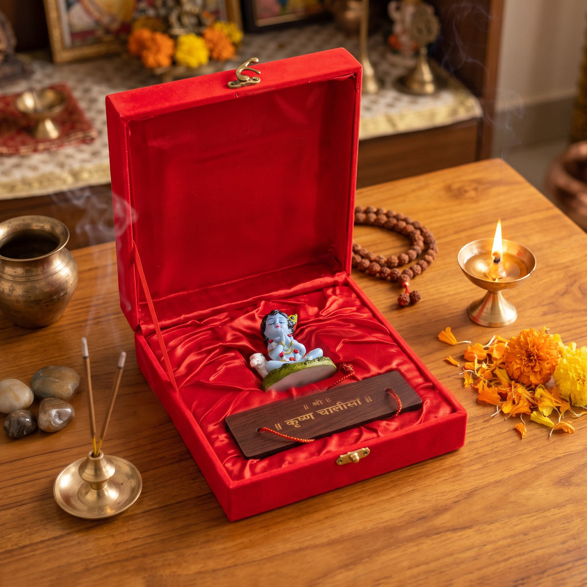 Bal Krishna Murti with Krishna Chalisa Pothi, Red Velvet Keepsake Box