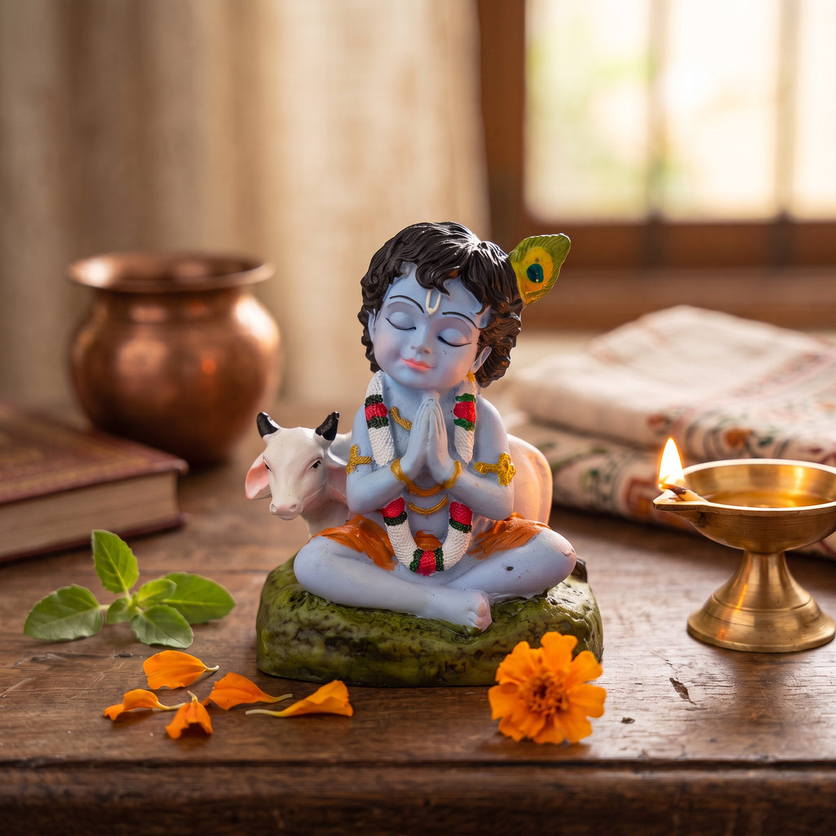 Bal Krishna Murti with Krishna Chalisa Pothi, Red Velvet Keepsake Box