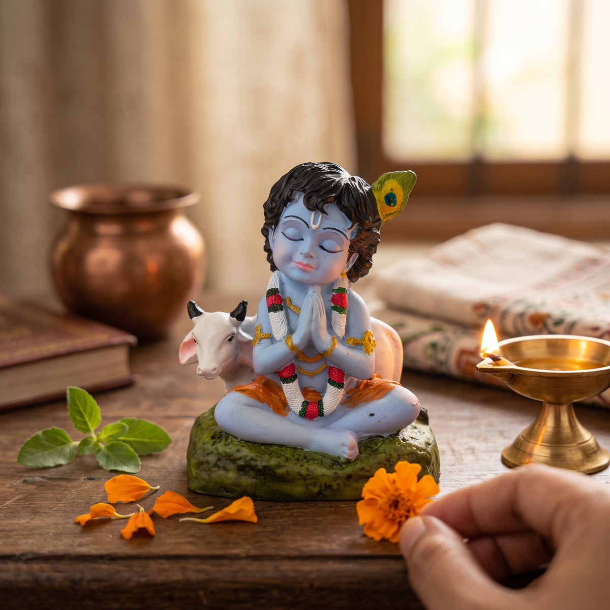 Bal Krishna Murti with Krishna Chalisa Pothi, Red Velvet Keepsake Box