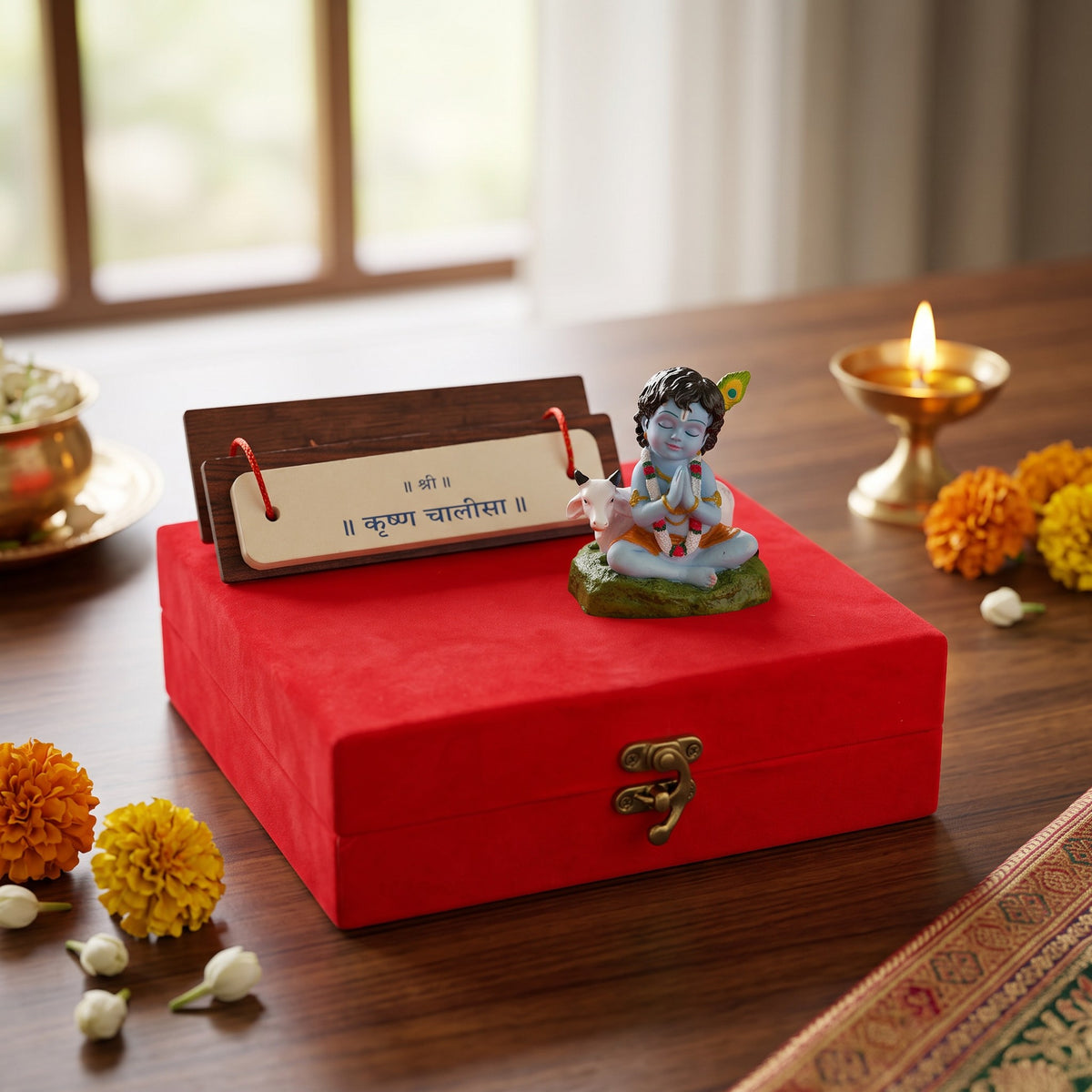 Bal Krishna Murti with Krishna Chalisa Pothi, Red Velvet Keepsake Box
