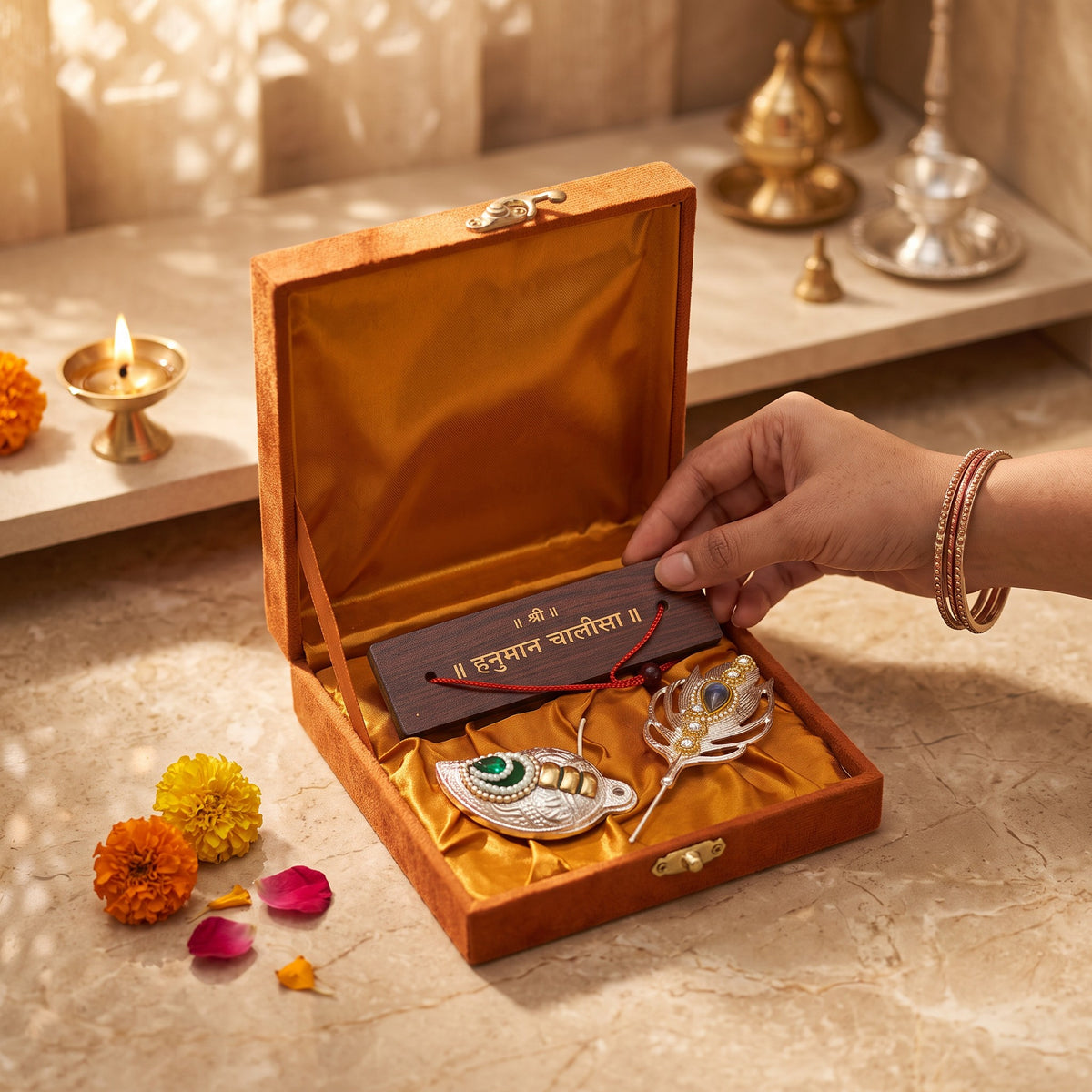 Hanuman Chalisa Pothi with Tilak Set, Saffron Velvet Keepsake Box (3 in 1)